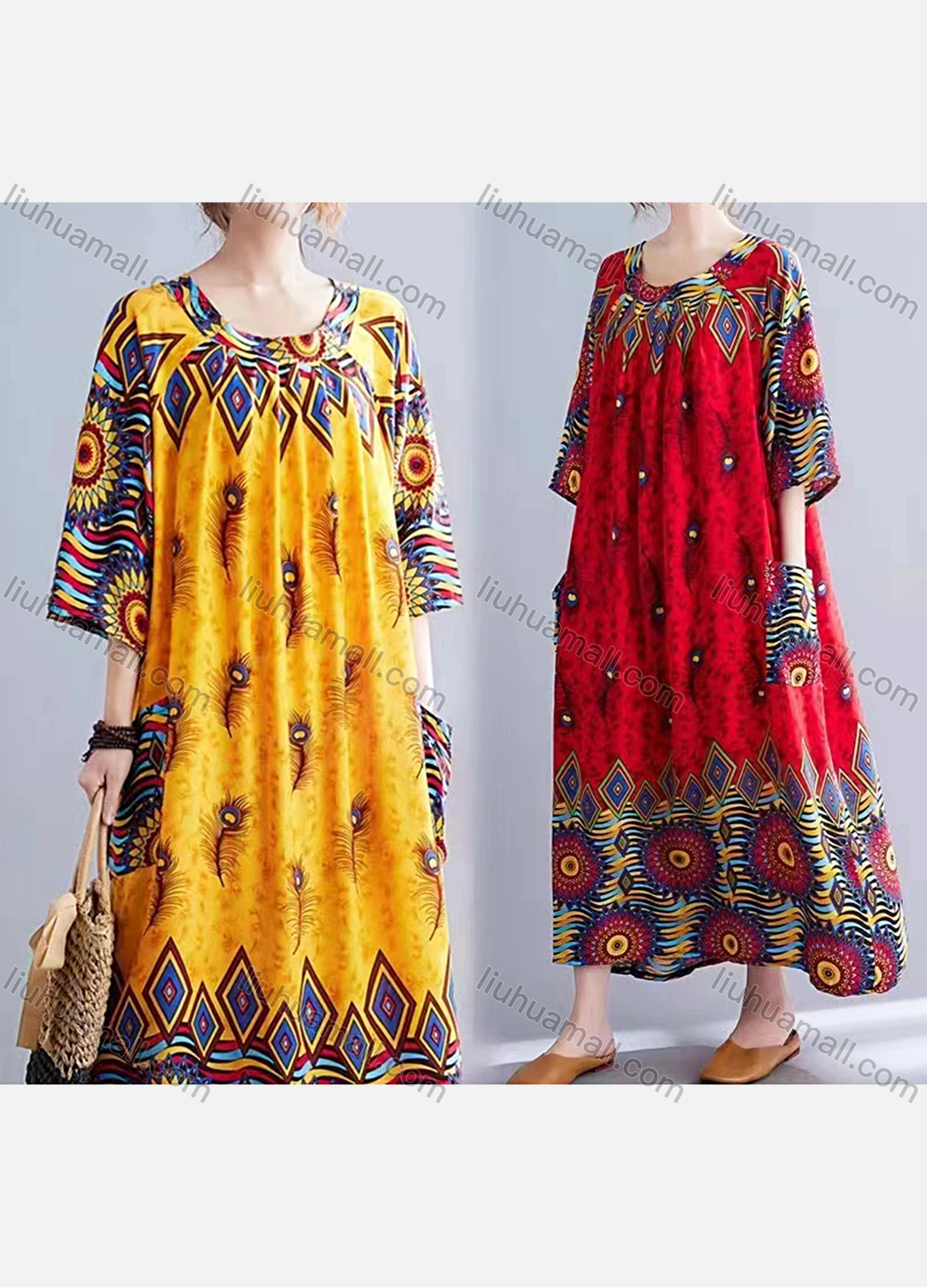 Wholesale Women's Boho Crew Neck 3/4 Sleeve Folkloric Print Maxi Dress - Liuhuamall