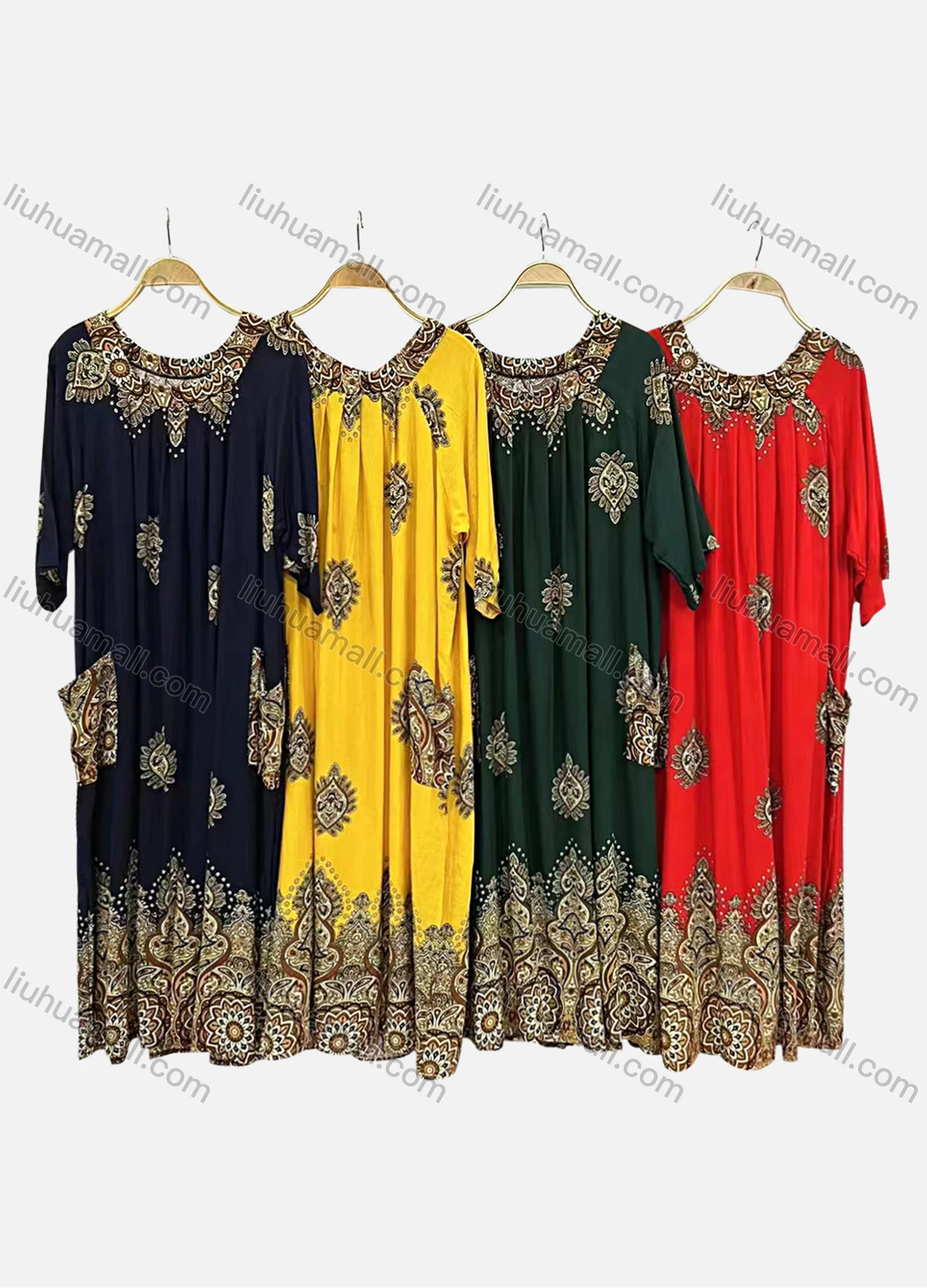 Wholesale Women's Boho Crew Neck 3/4 Sleeve Patch Pocket Folkloric Print Maxi Dress - Liuhuamall