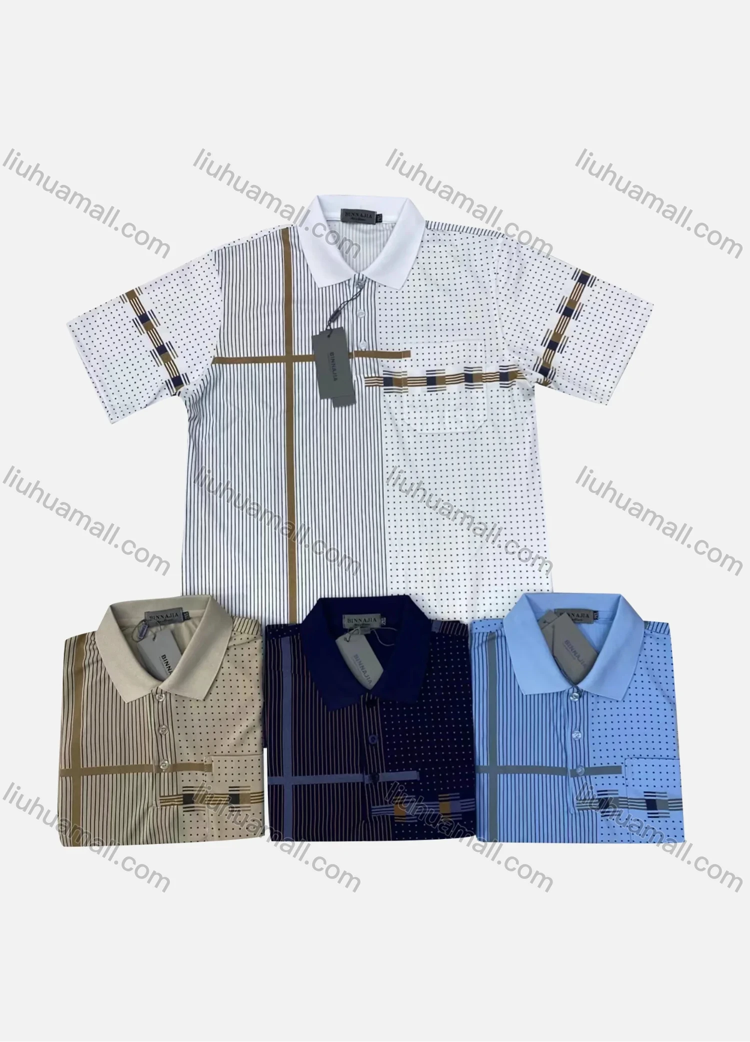 Wholesale Men's Casual Striped Pin Dot Print Short Sleeve Patch Pocket Polo Shirts - Liuhuamall