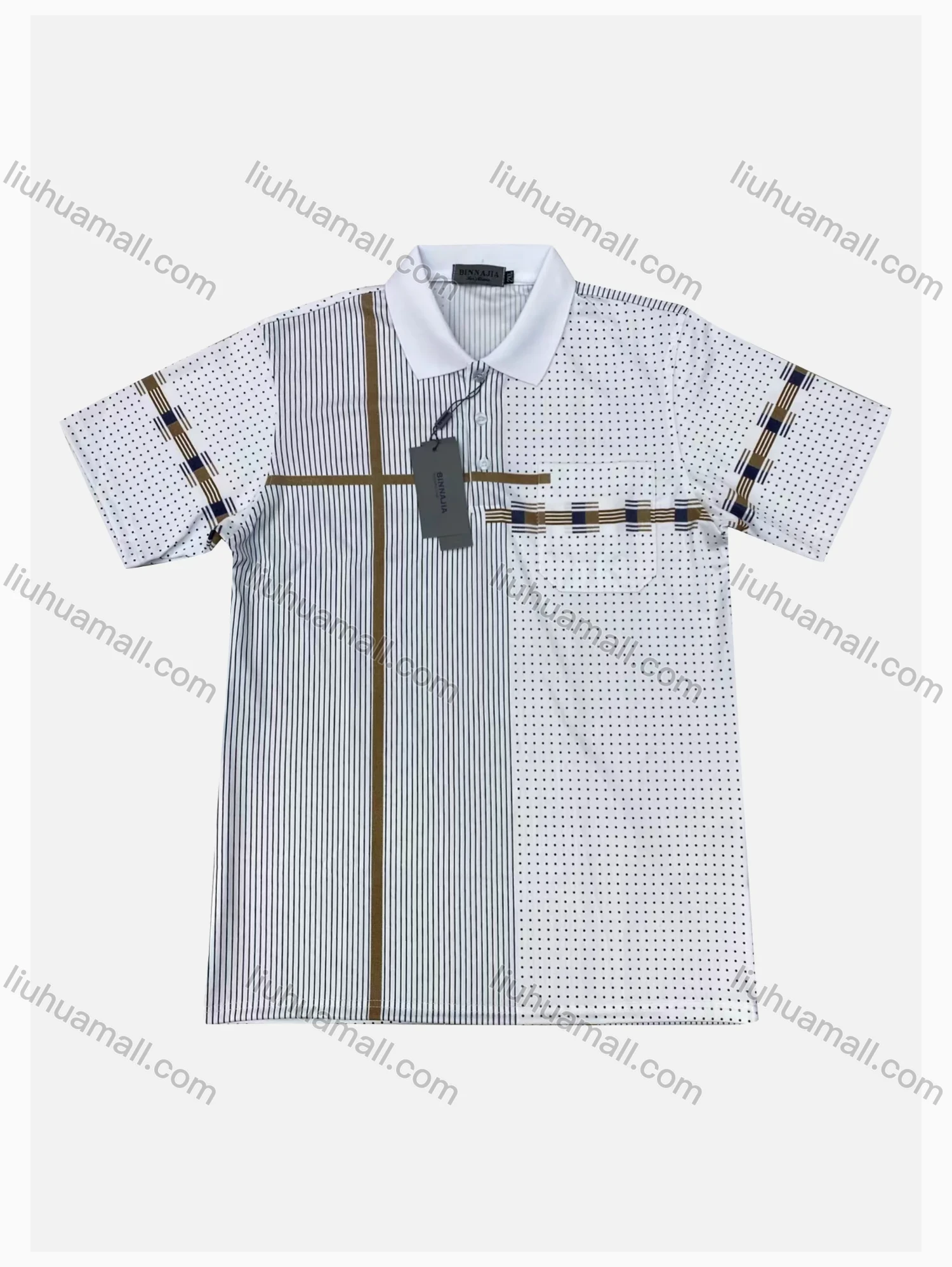 Wholesale Men's Casual Striped Pin Dot Print Short Sleeve Patch Pocket Polo Shirts - Liuhuamall