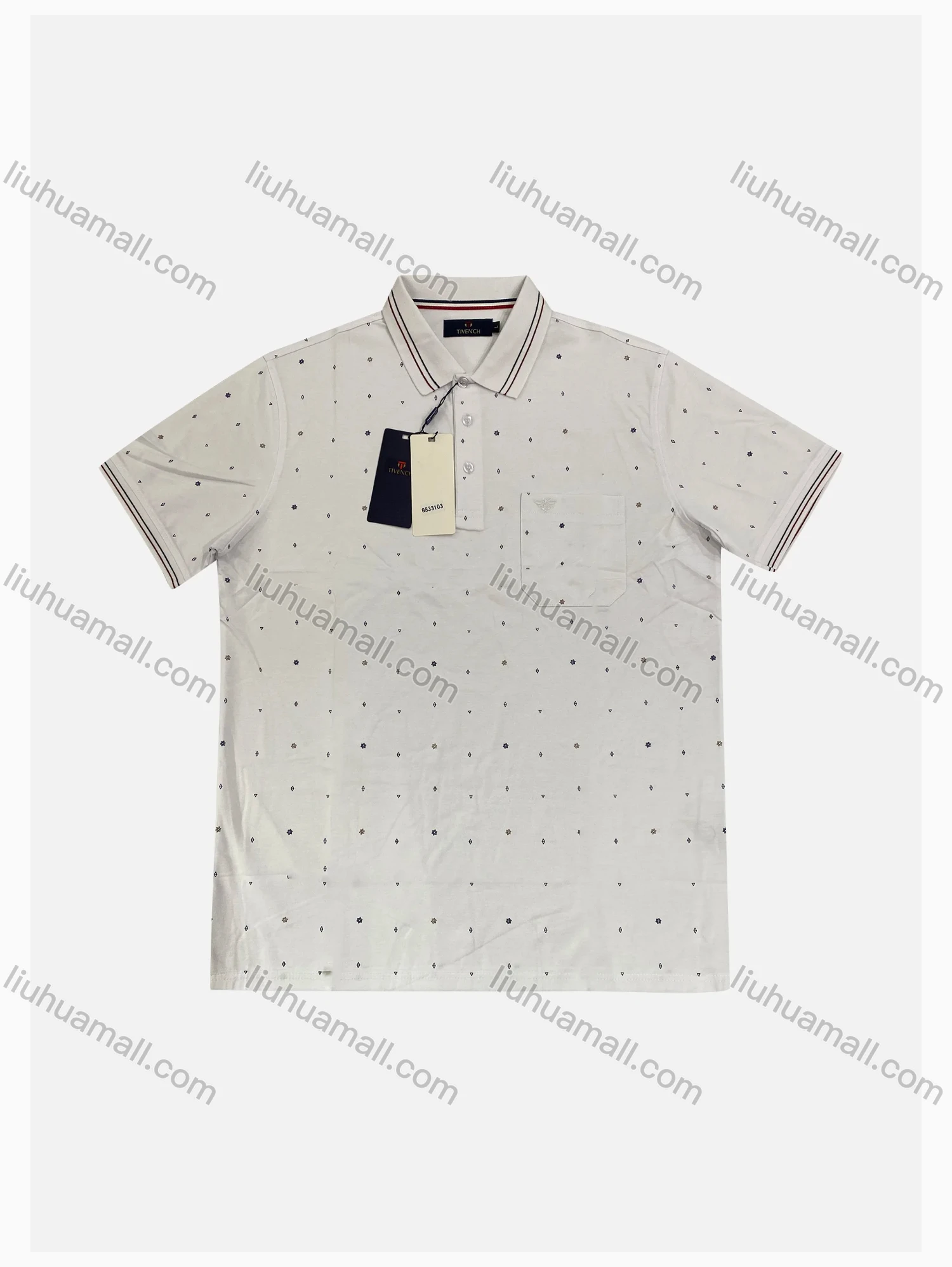 Wholesale Men's Casual Allover Print Striped Trim Short Sleeve Patch Pocket Polo Shirts - Liuhuamall