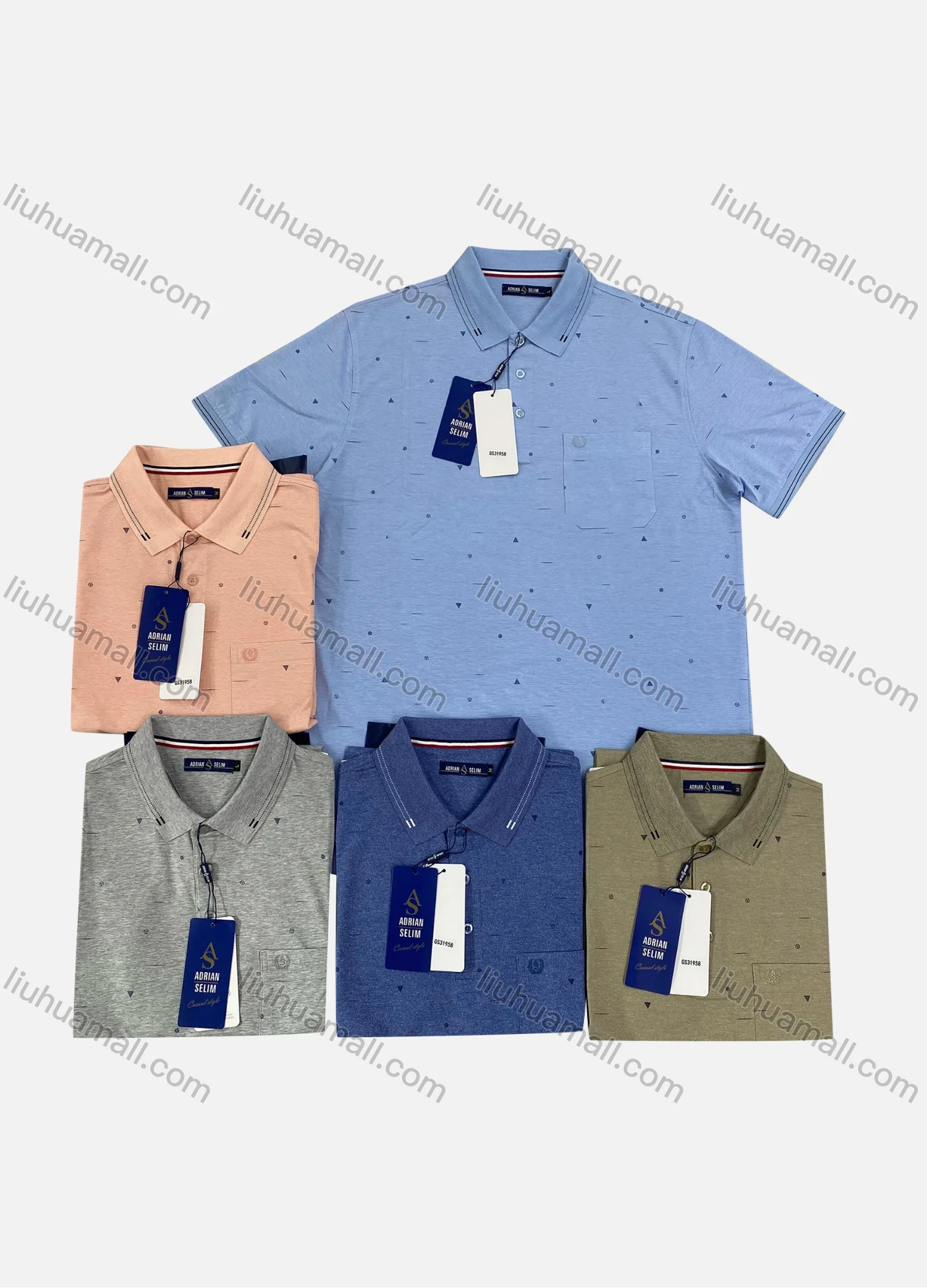 Wholesale Men's Casual Allover Print Striped Trim Short Sleeve Patch Pocket Polo Shirts - Liuhuamall