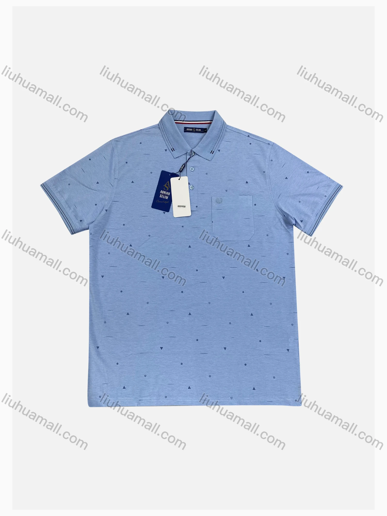 Wholesale Men's Casual Allover Print Striped Trim Short Sleeve Patch Pocket Polo Shirts - Liuhuamall