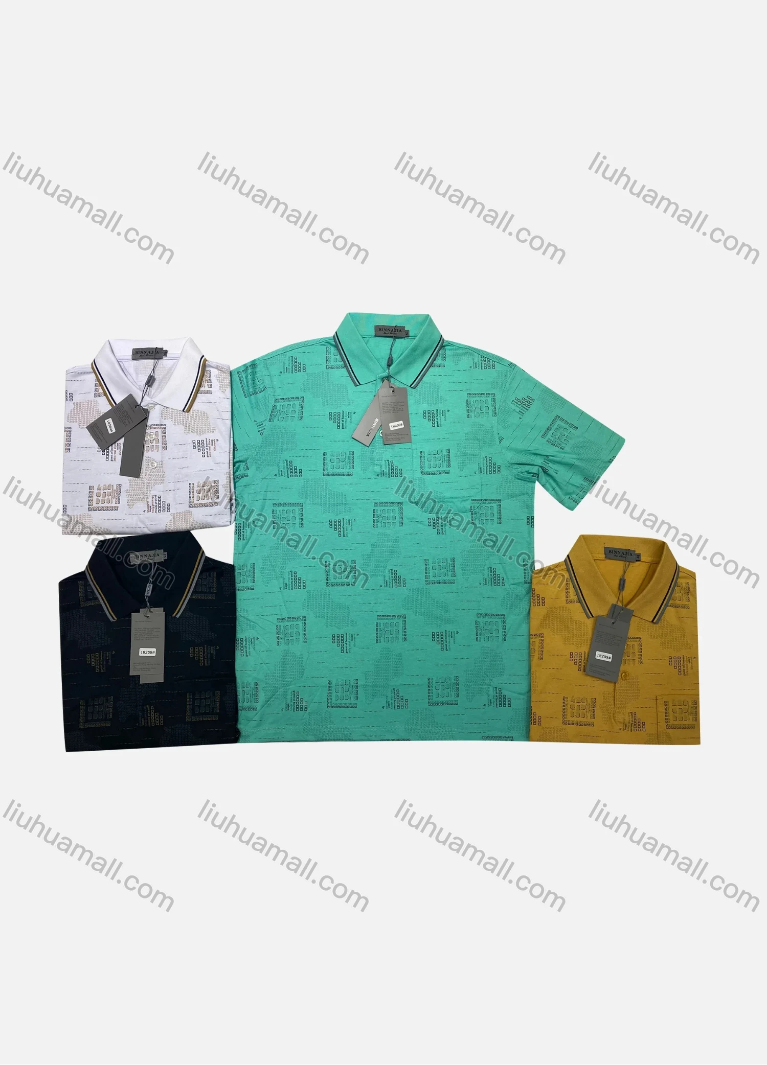 Wholesale Men's Casual Allover Print Striped Trim Short Sleeve Patch Pocket Polo Shirts - Liuhuamall