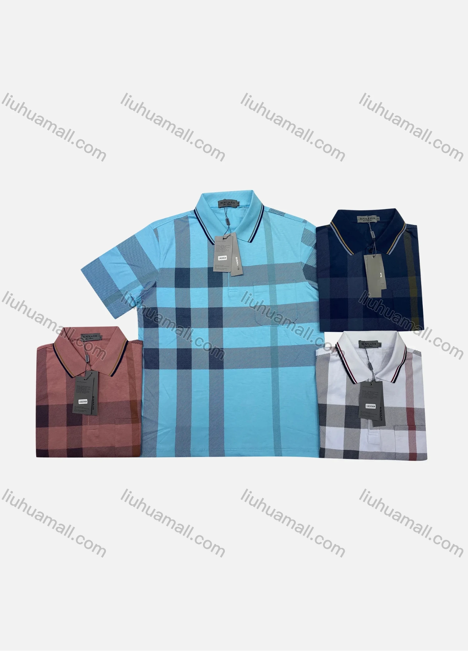 Wholesale Men's Casual Plaid Print Striped Trim Short Sleeve Patch Pocket Polo Shirts - Liuhuamall