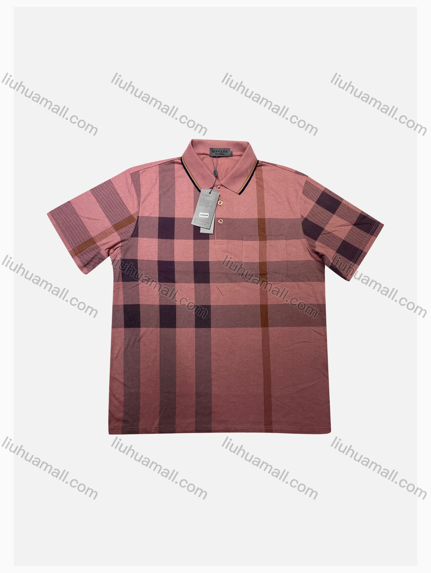 Wholesale Men's Casual Plaid Print Striped Trim Short Sleeve Patch Pocket Polo Shirts - Liuhuamall
