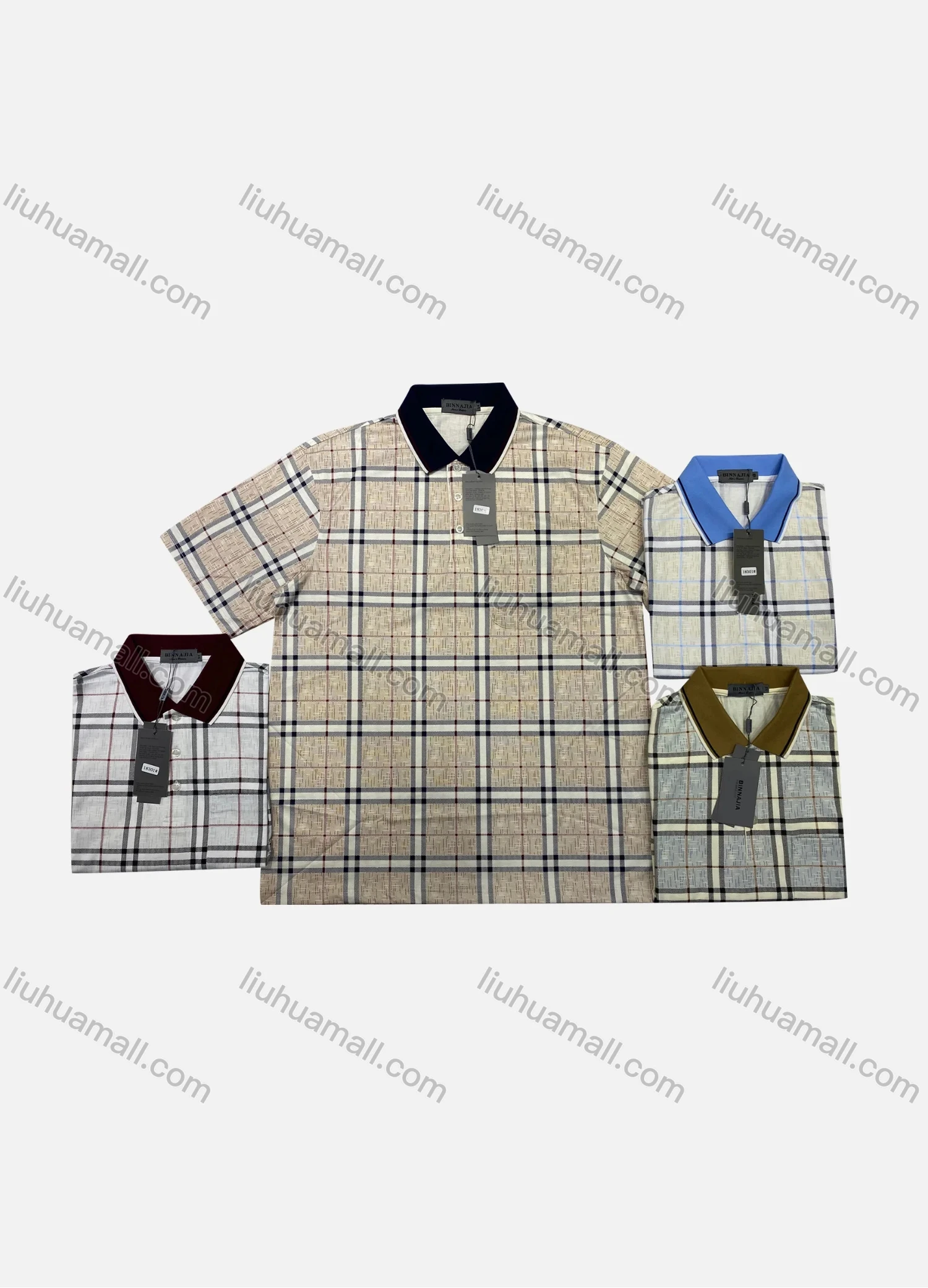 Wholesale Men's Casual Plaid Print Striped Trim Contrast Short Sleeve Patch Pocket Polo Shirts - Liuhuamall