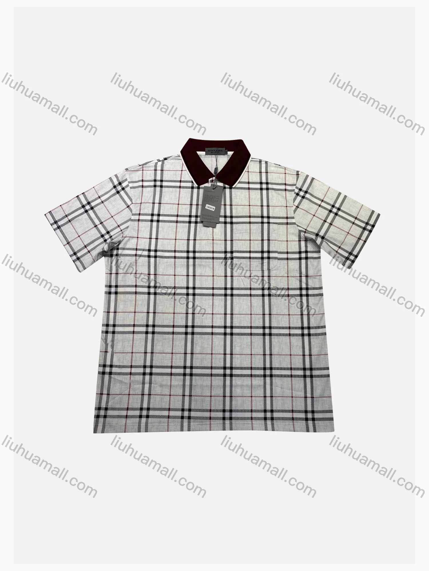 Wholesale Men's Casual Plaid Print Striped Trim Contrast Short Sleeve Patch Pocket Polo Shirts - Liuhuamall