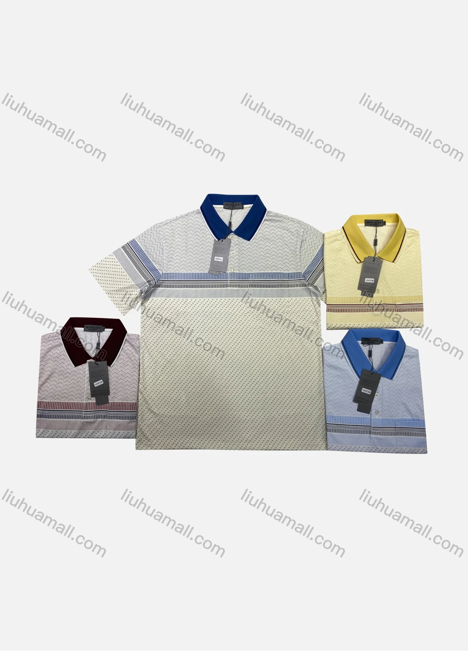 Wholesale Men's Casual Striped Allover Print Short Sleeve Patch Pocket Polo Shirts - Liuhuamall