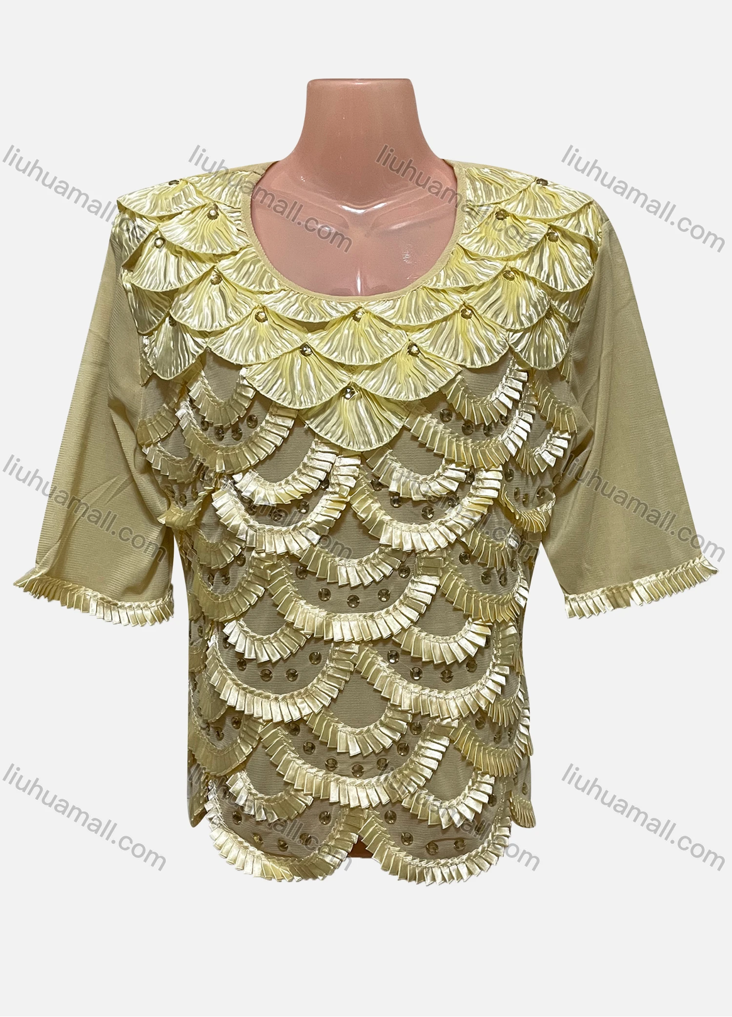 Wholesale Women's Casual Scoop Neck Rhinestone Fish Scale Trim Blouse - Liuhuamall