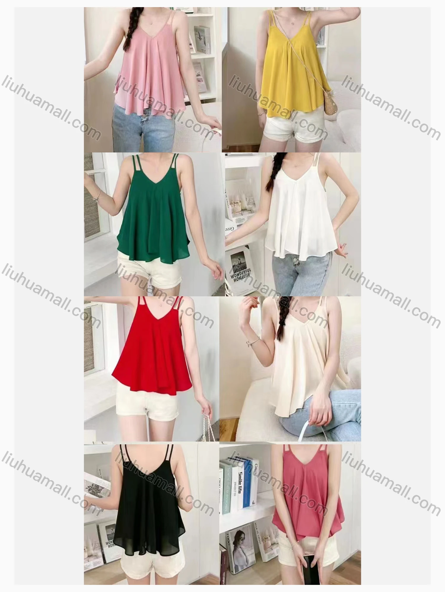 Wholesale Women's Casual V Neck Sleeveless Ruched Plain Cami Top - Liuhuamall
