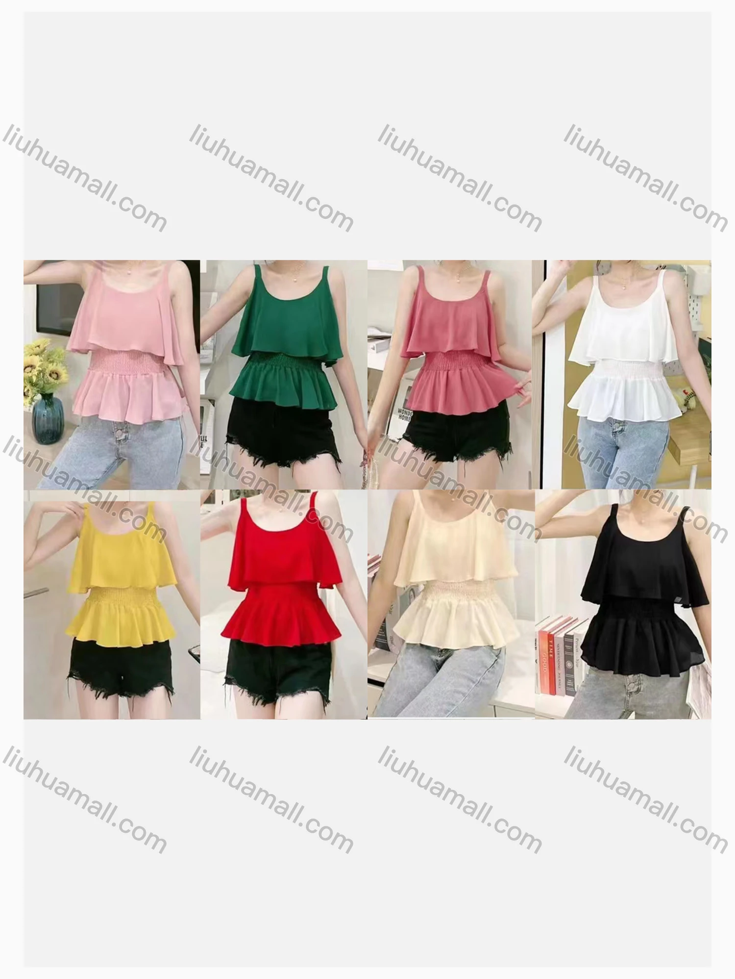 Wholesale Women's Casual V Neck Sleeveless Ruched Plain Tiered Cami Top - Liuhuamall