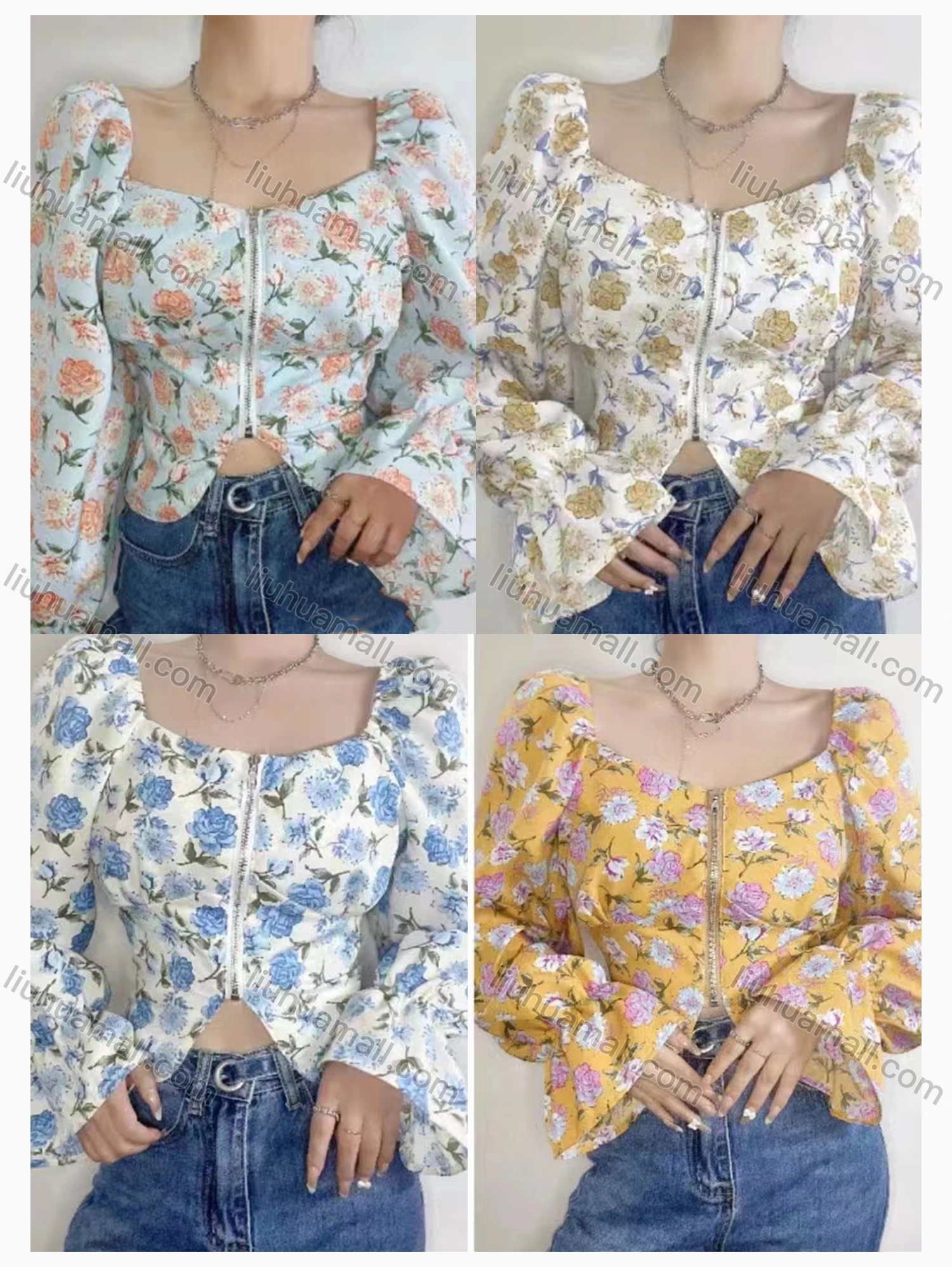 Wholesale Women's Casual Square Neck Poet Sleeve Zipper Floral Print Blouse - Liuhuamall