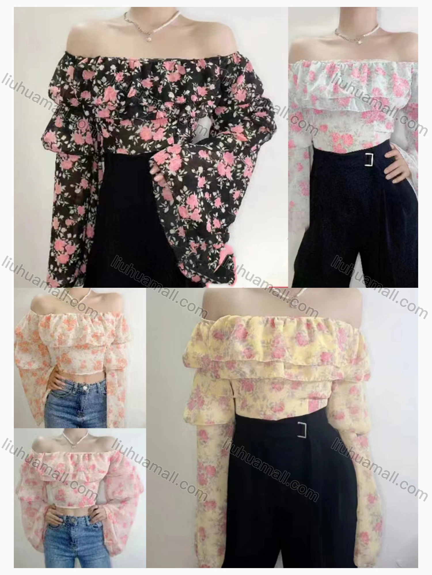 Wholesale Women's Casual Off Shoulder Lantern Sleeve Floral Print Tiered Crop Top - Liuhuamall