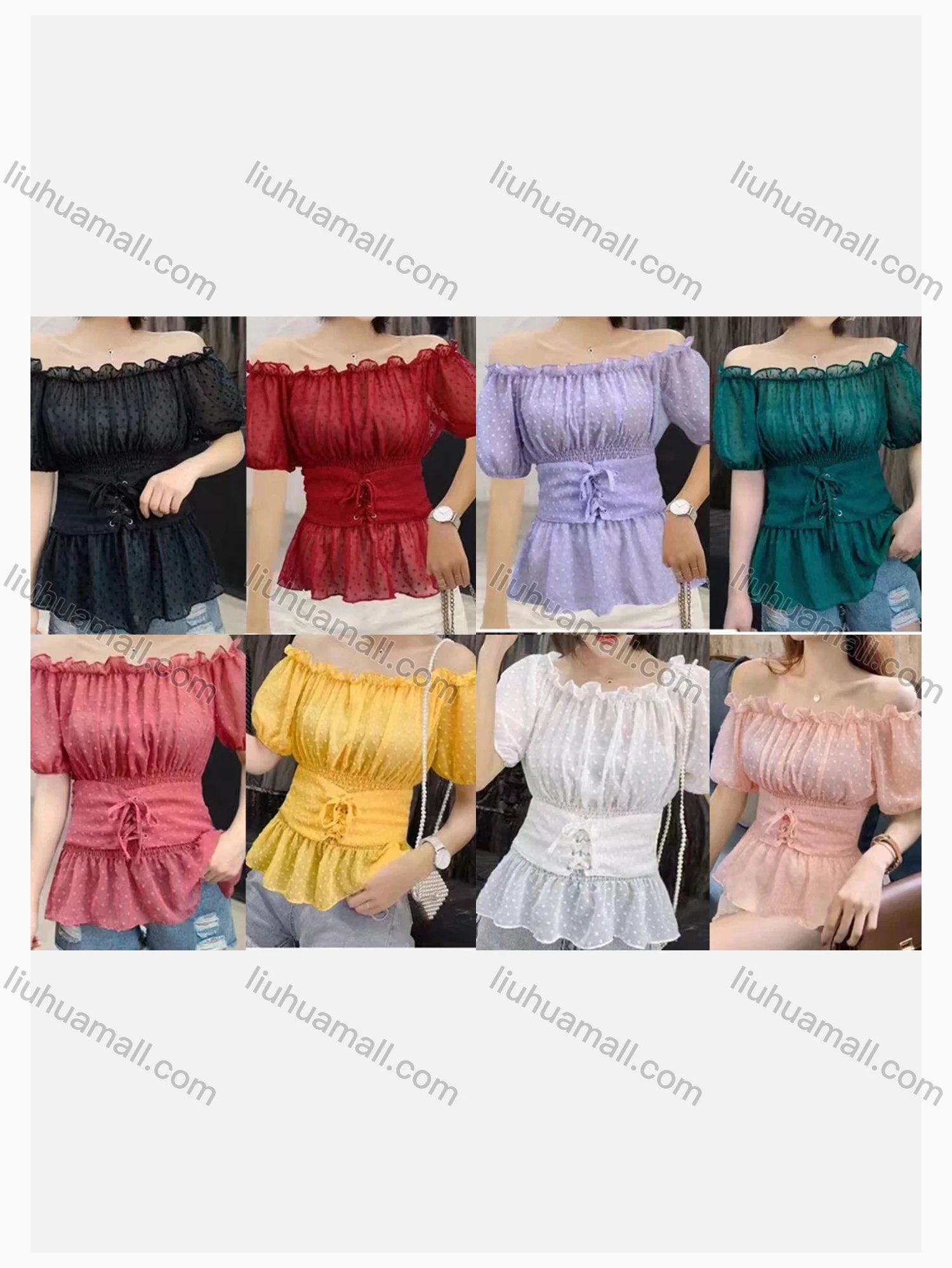 Wholesale Women's Casual Off Shoulder Puff Sleeve Eyelet Embroidered Ruffle Trim Tie Plain Top - Liuhuamall