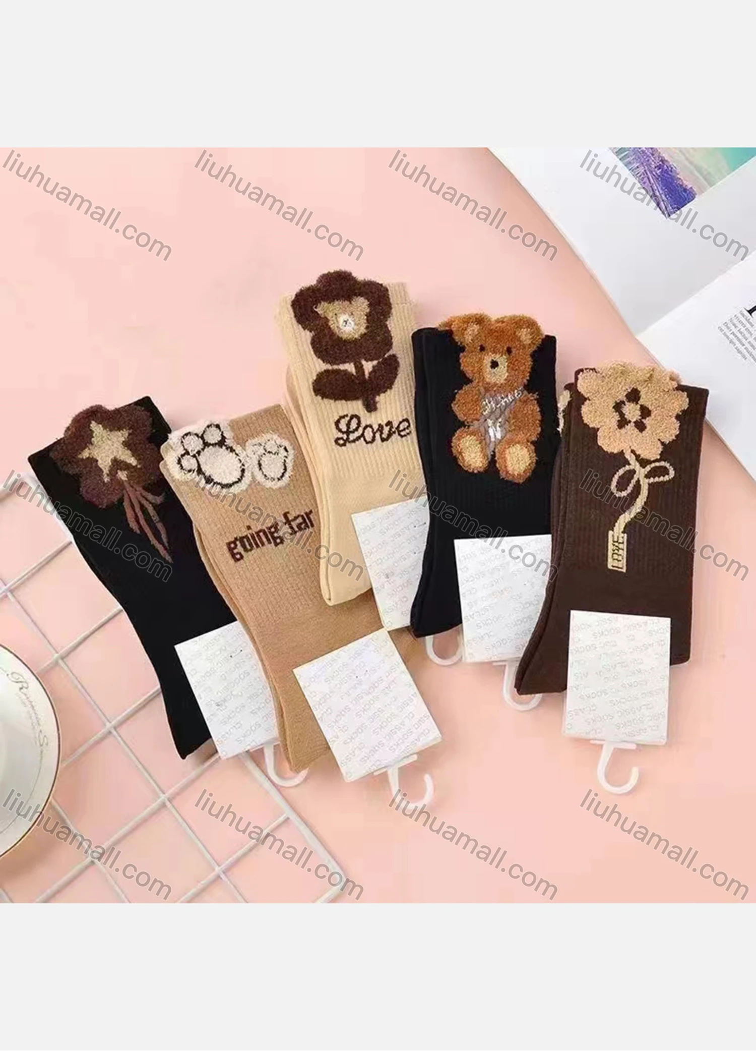 Wholesale Women's Casual Letter Floral Bear Graphic Cushioned Crew Socks - Liuhuamall