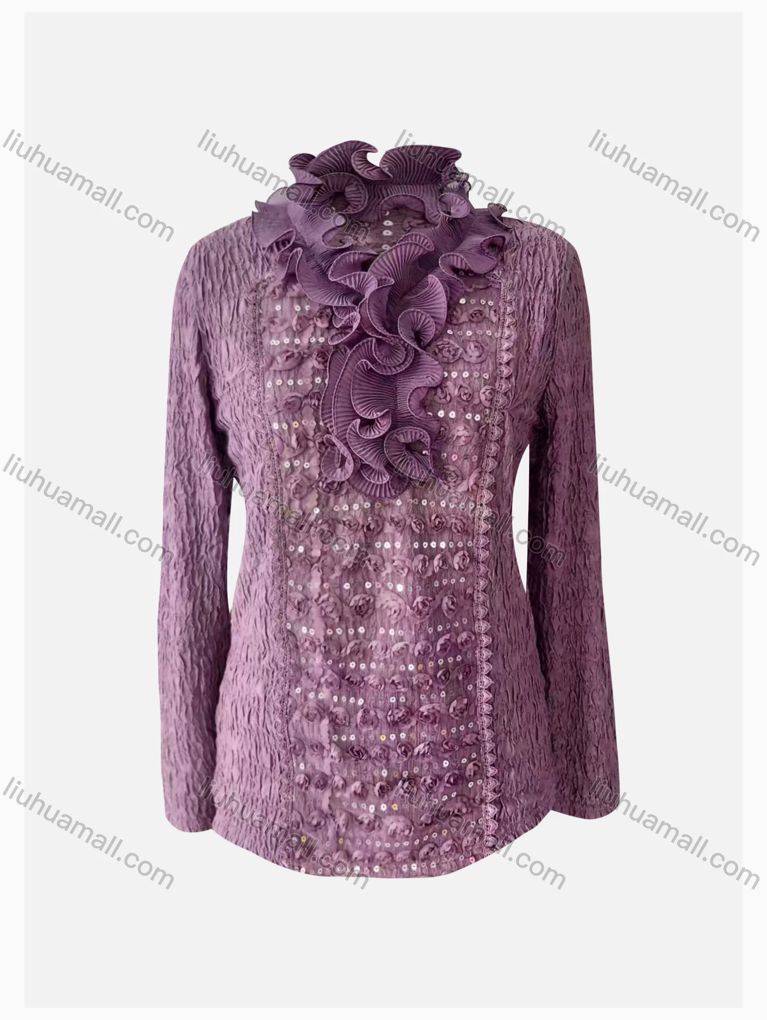 Wholesale Women's Causal Embroidered Long Sleeve Appliques Sequin Plain Blouse - Liuhuamall