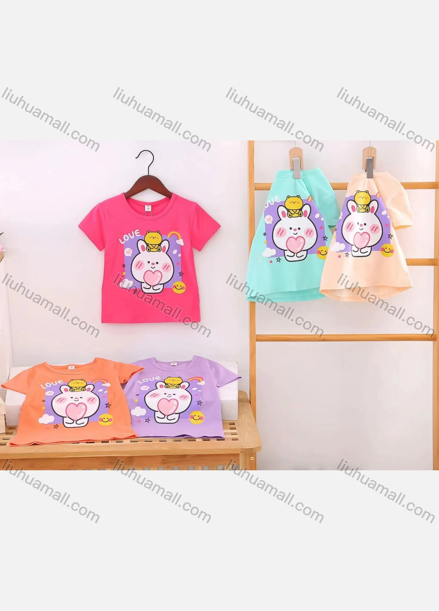 Wholesale Girl's Casual Cartoon Print Round Neck Short Sleeve Modal Cotton Tee - Liuhuamall