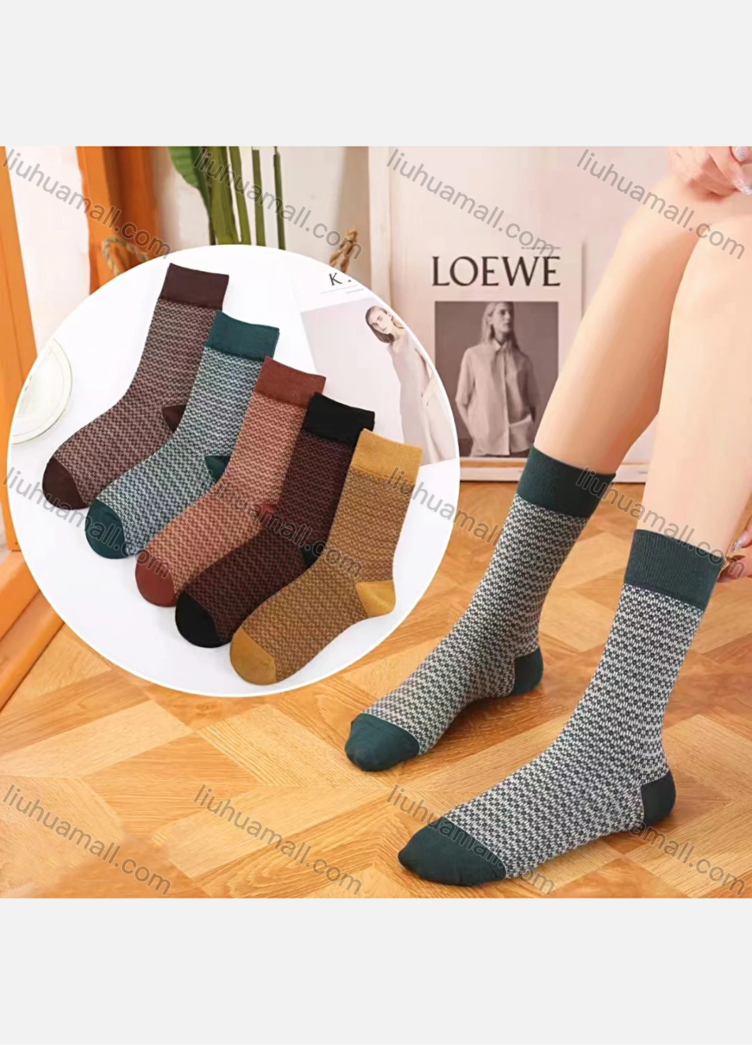 Wholesale Women's Casual Allover Print Colorblock Cushioned Stocking Crew Socks - Liuhuamall