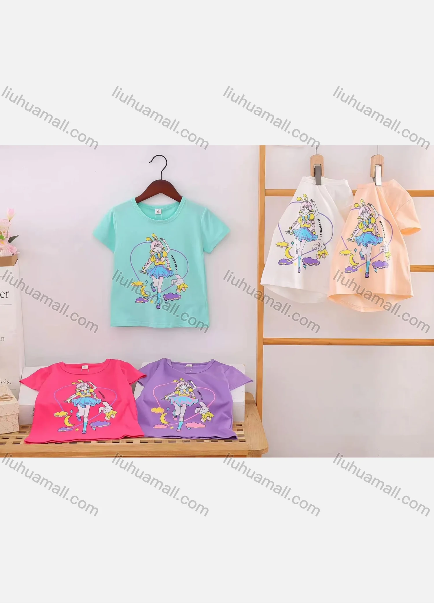 Wholesale Girl's Casual Cartoon Print Round Neck Short Sleeve Modal Cotton Tee - Liuhuamall