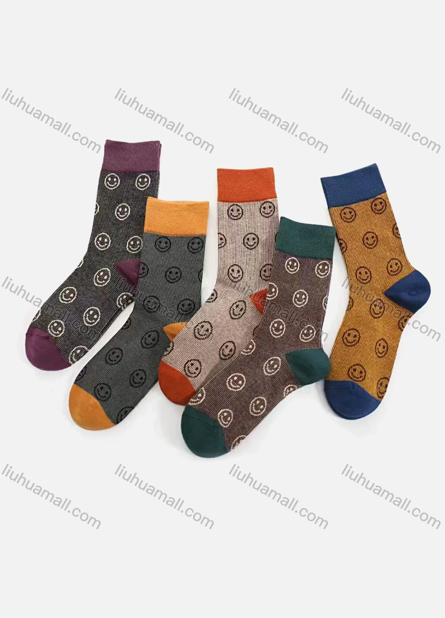 Wholesale Women's Casual Smiley Face Print Colorblock Cushioned Stocking Crew Socks - Liuhuamall