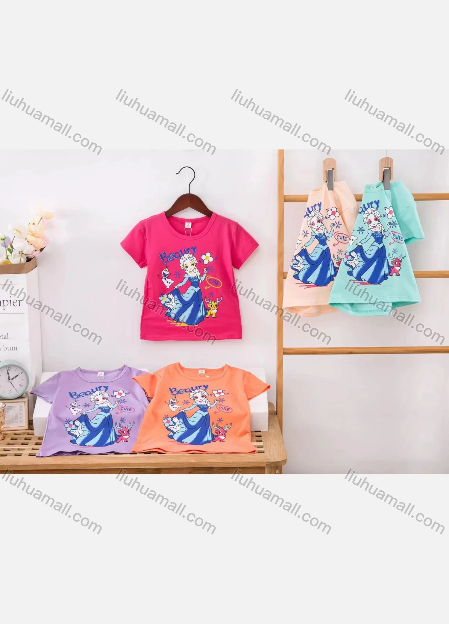 Wholesale Girl's Casual Cartoon Print Round Neck Short Sleeve Modal Cotton Tee - Liuhuamall