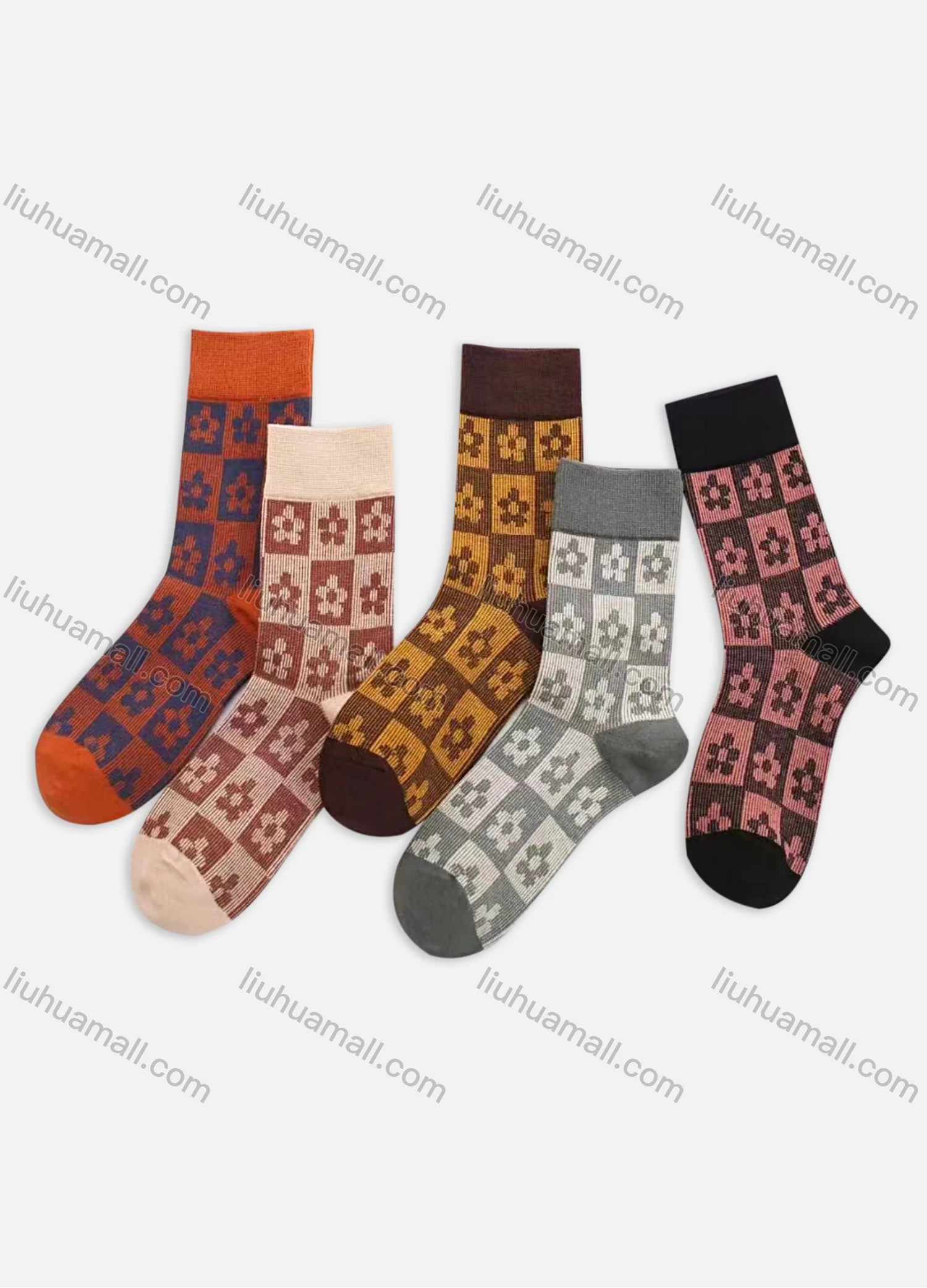 Wholesale Women's Casual Floral Print Plaid Cushioned Stocking Crew Socks - Liuhuamall