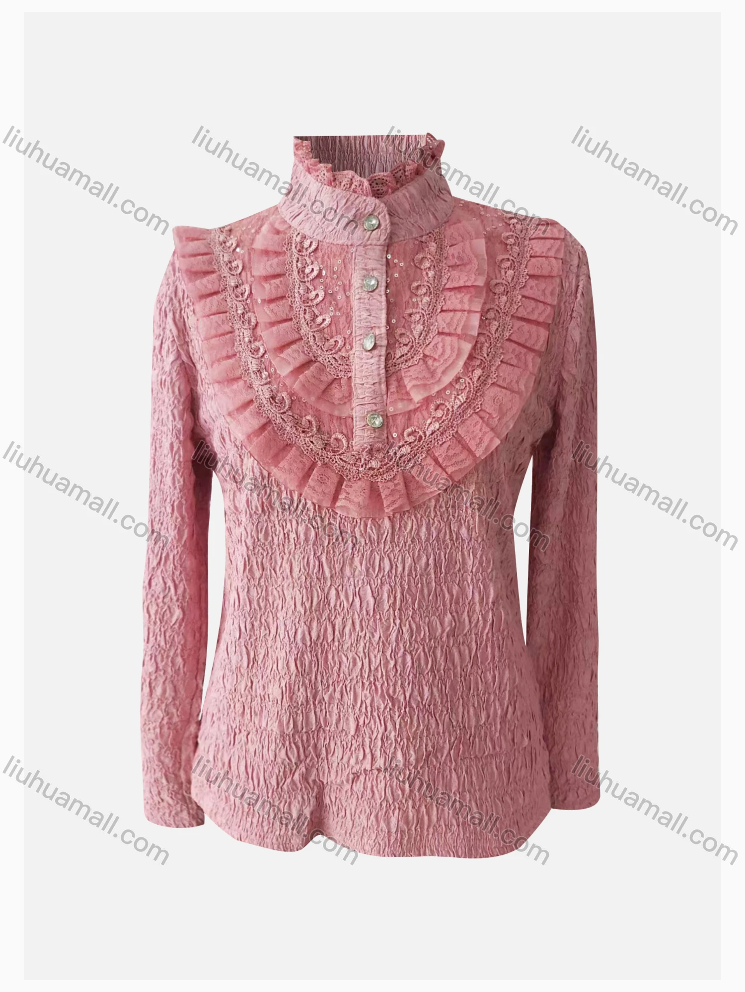 Wholesale Women's Causal Embroidered Mock Neck Long Sleeve Rhinestone Ruffle Trim Plain Blouse - Liuhuamall