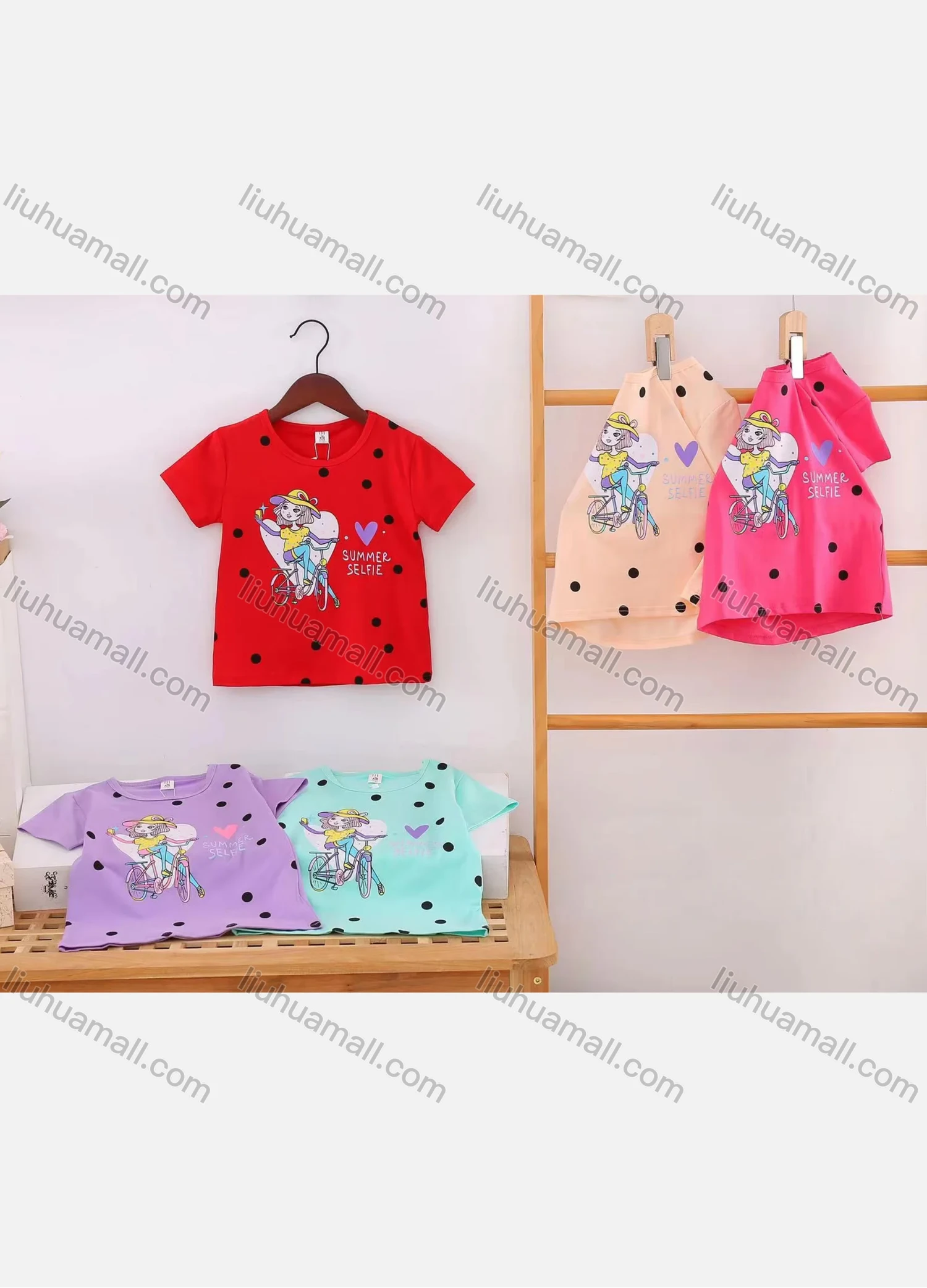 Wholesale Girl's Casual Cartoon Print Round Neck Short Sleeve Modal Cotton Tee - Liuhuamall