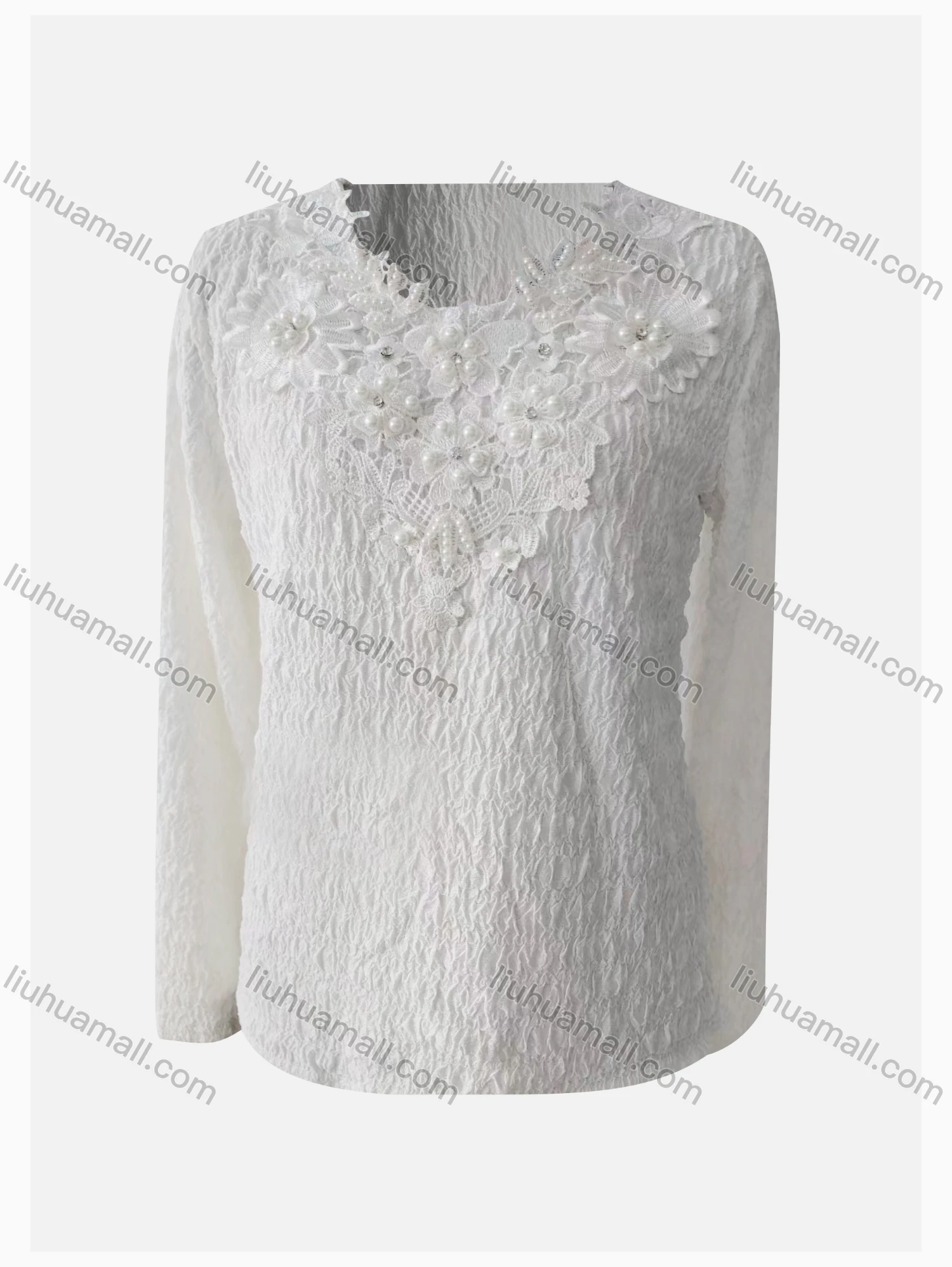 Wholesale Women's Causal Embroidered Long Sleeve Pearl Decor Plain Blouse - Liuhuamall