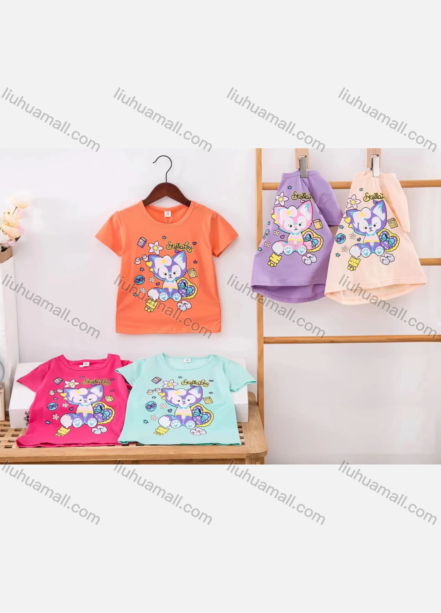 Wholesale Girl's Casual Cartoon Print Round Neck Short Sleeve Modal Cotton Tee - Liuhuamall