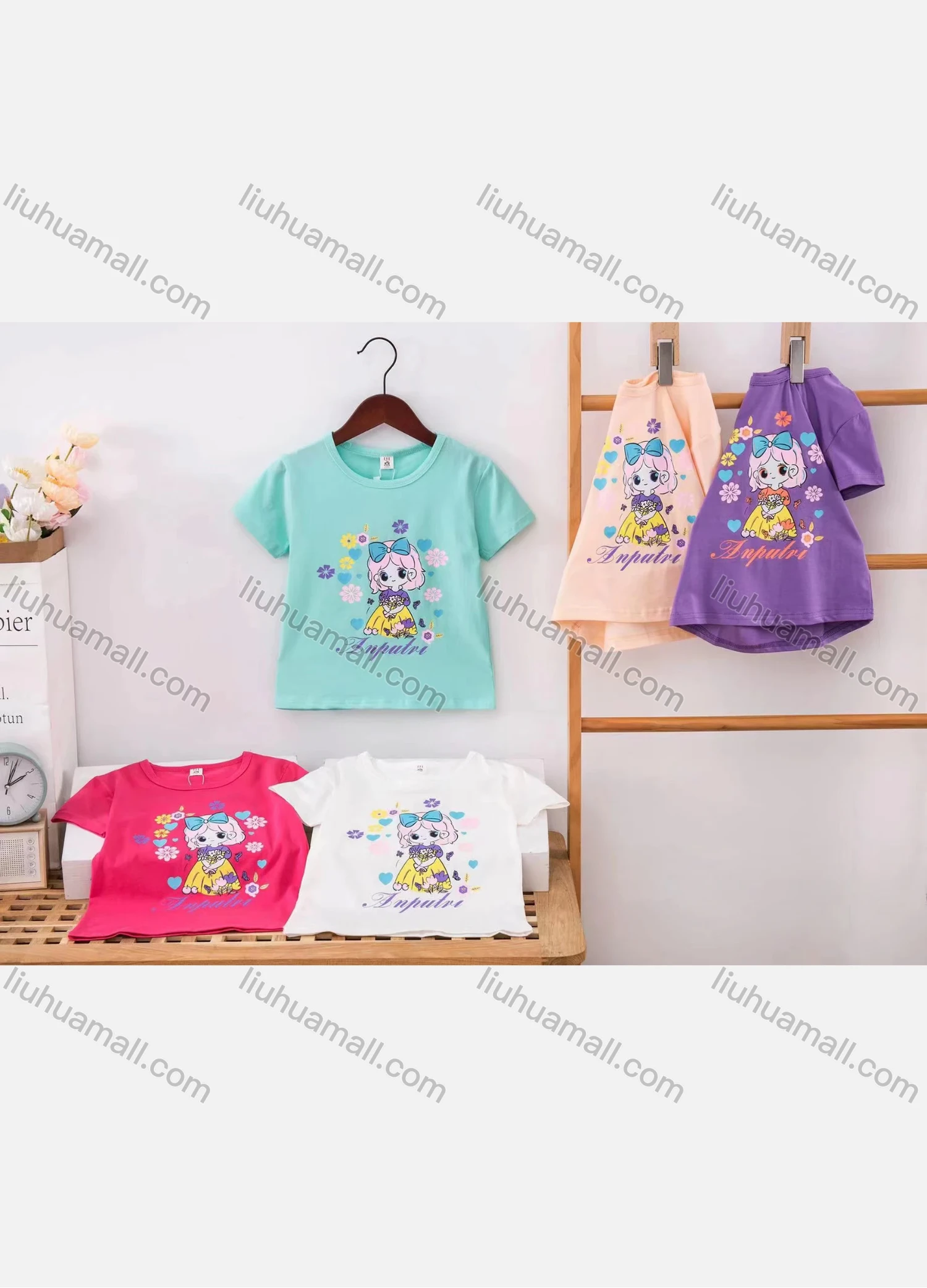Wholesale Girl's Casual Cartoon Print Round Neck Short Sleeve Modal Cotton Tee - Liuhuamall
