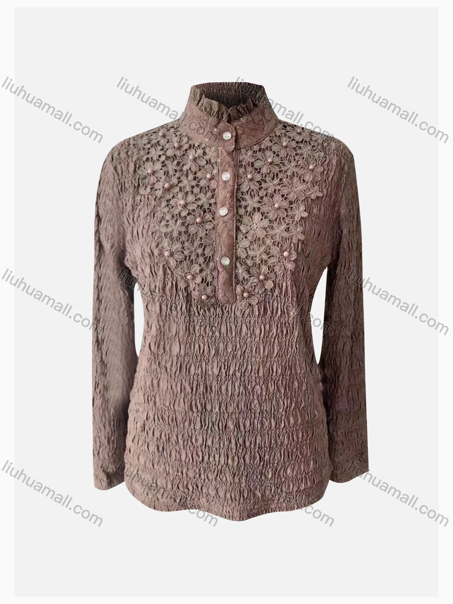 Wholesale Women's Causal Embroidered Mock Neck Long Sleeve Button Decor Plain Blouse - Liuhuamall