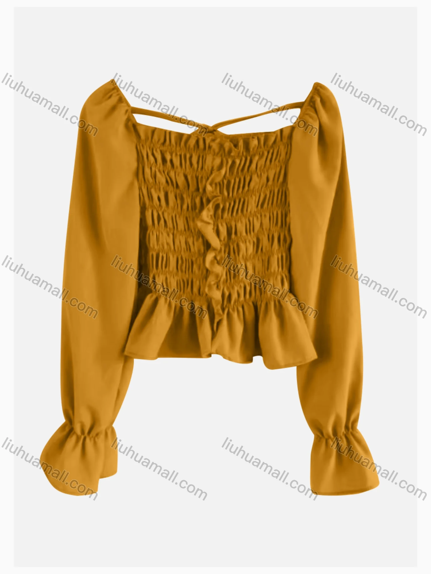 Wholesale Women's Causal Crop Square Neck Poet Sleeve Shirred Ruffle Hem Plain Blouse - Liuhuamall