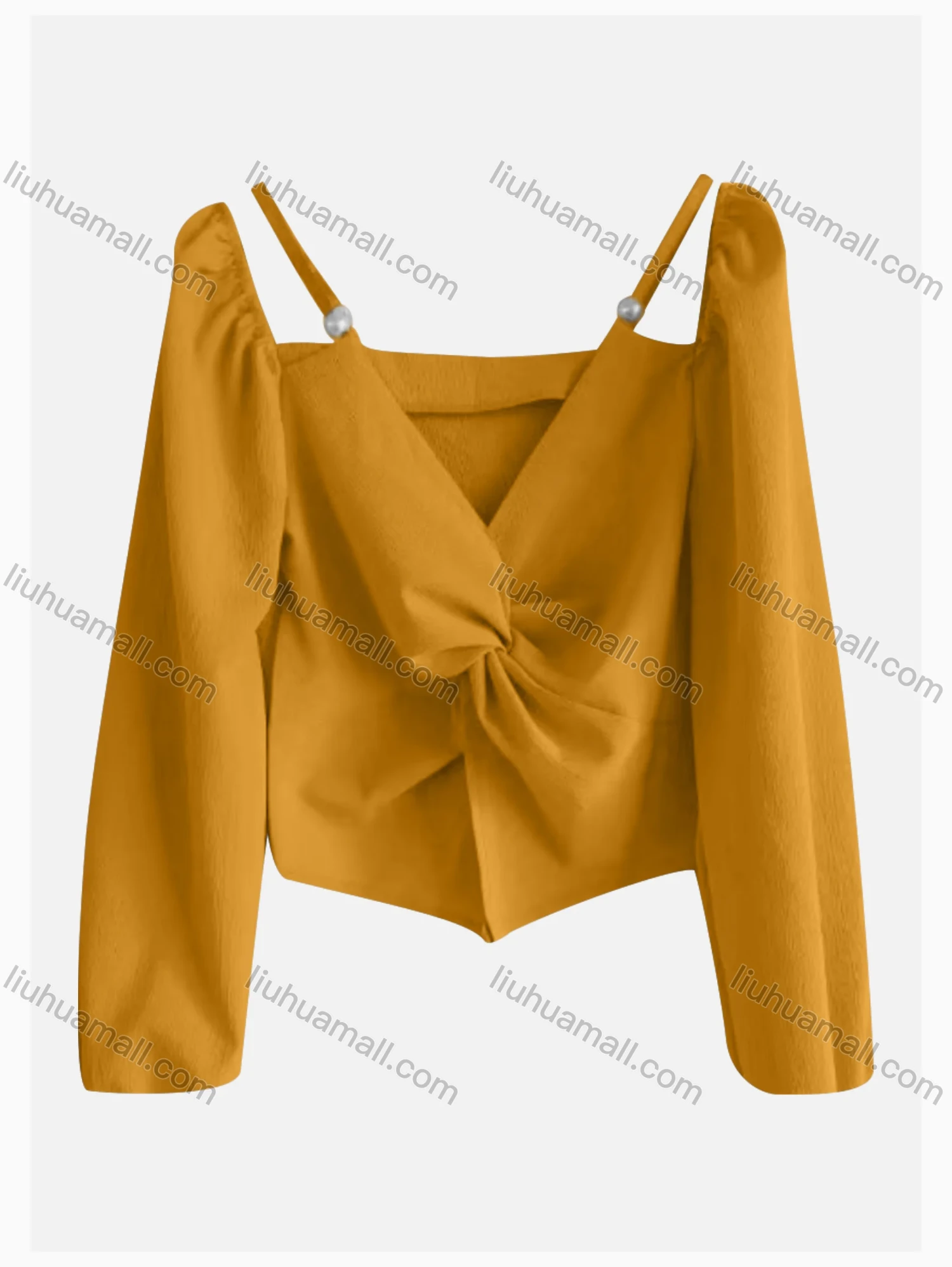 Wholesale Women's Causal V Neck Long Sleeve Twist Pearl Decor Plain Blouse - Liuhuamall