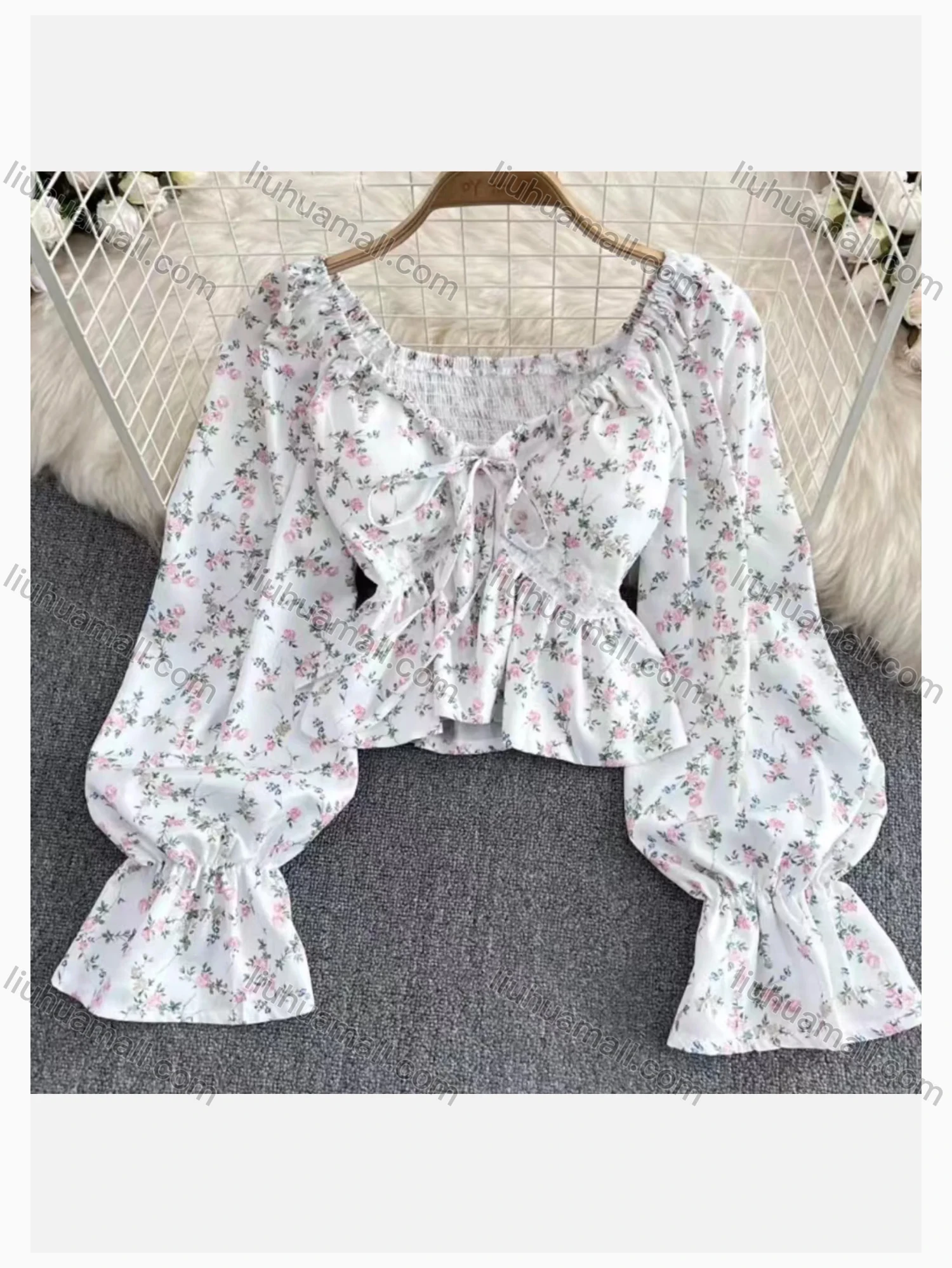 Wholesale Women's Causal Crop Off Shoulder Lantern Sleeve Drawstring Ditsy Floral Print Blouse - Liuhuamall