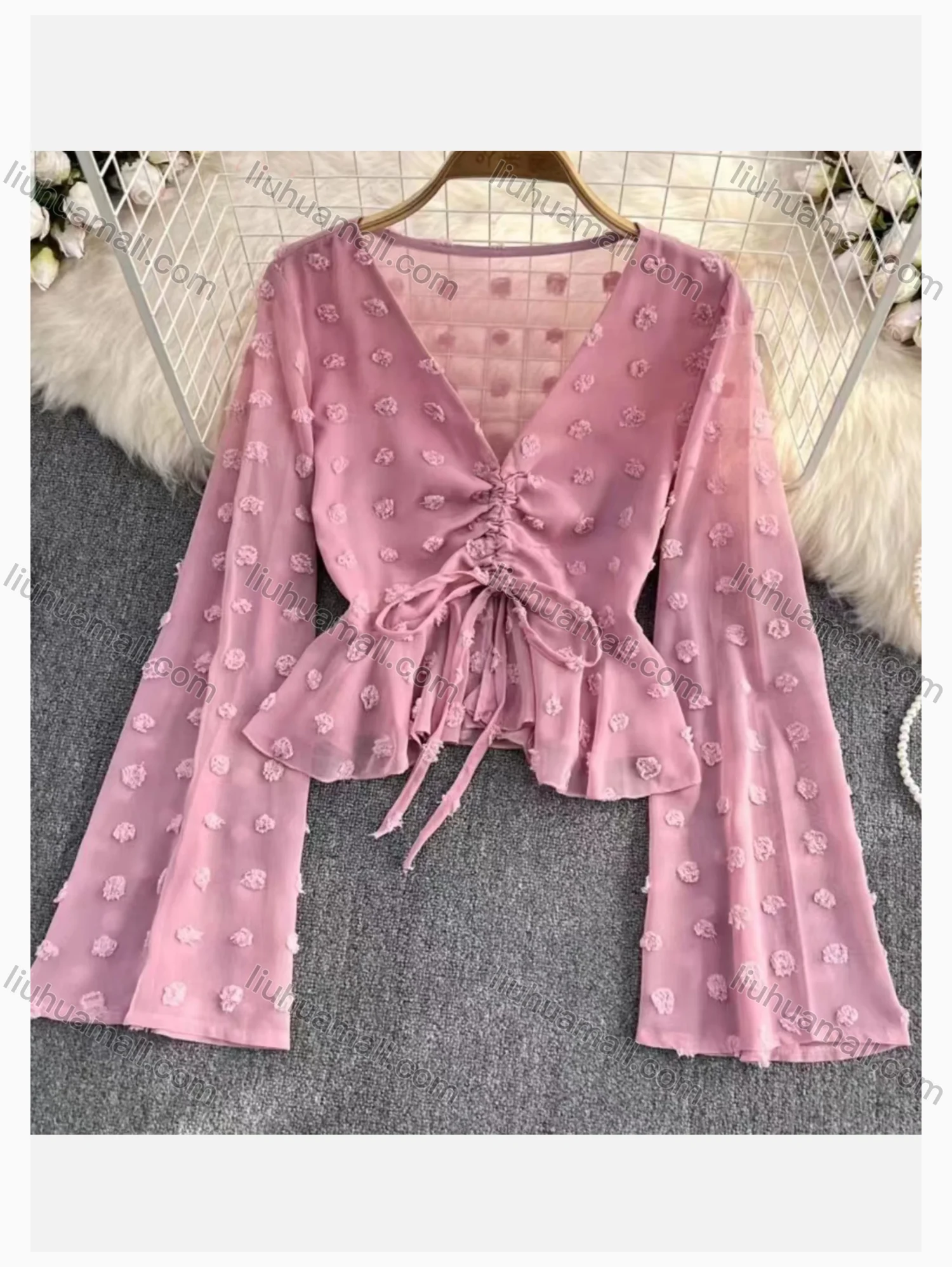 Wholesale Women's Causal Crop V Neck Long Sleeve Drawstring Swiss Dot Blouse - Liuhuamall