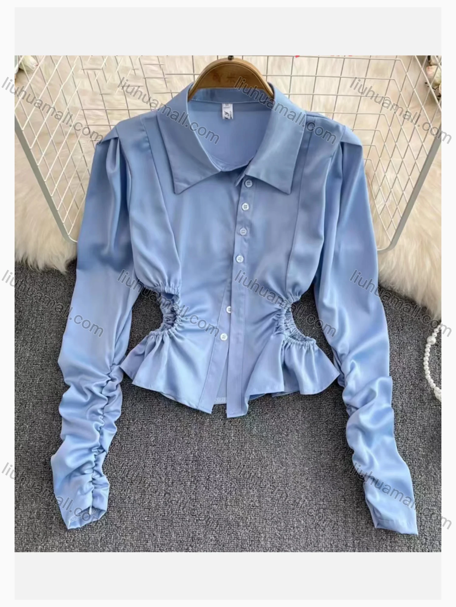 Wholesale Women's Fashion Crop Collared Long Sleeve Cut Out Button Down Ruched Plain Top - Liuhuamall