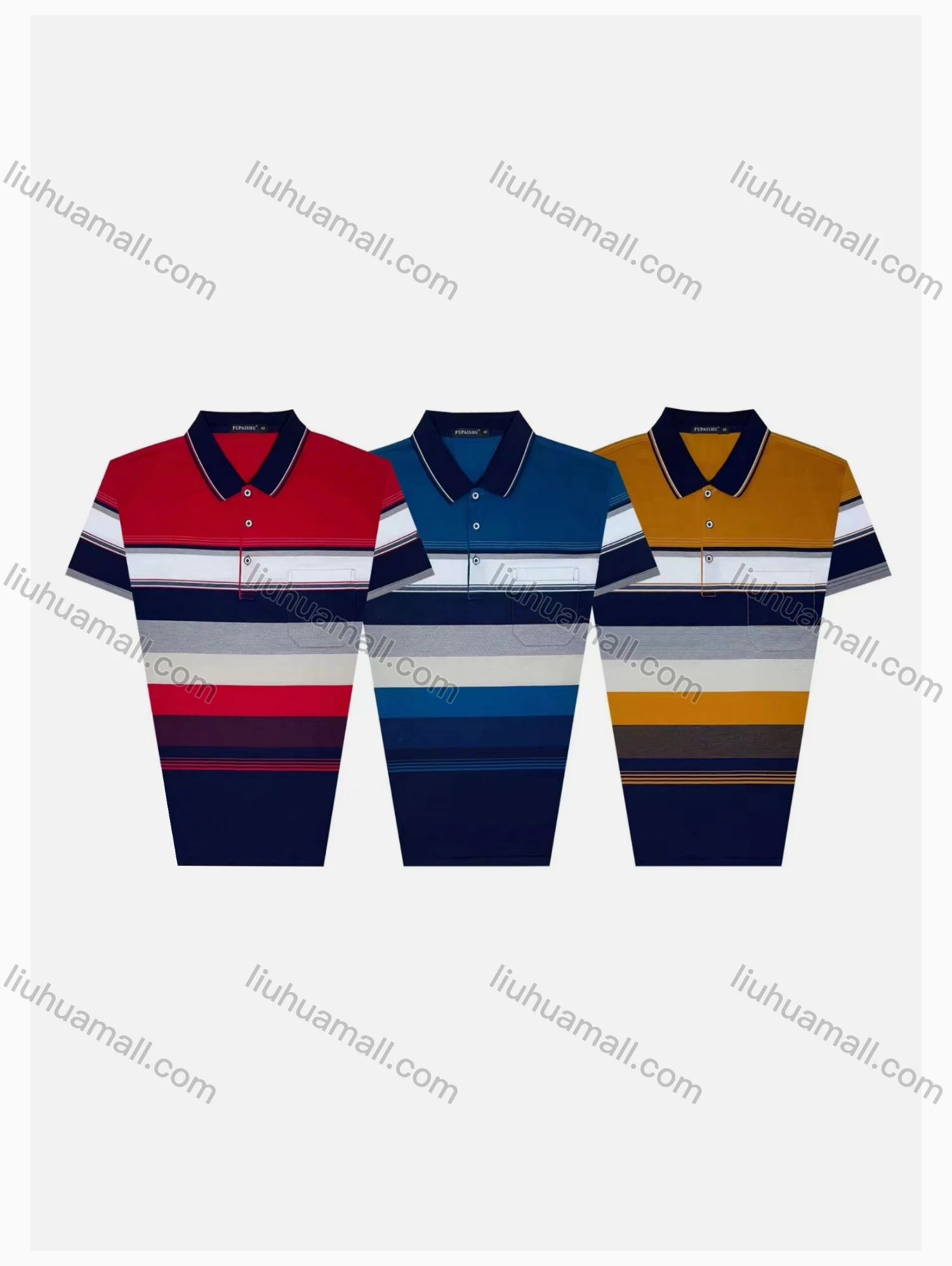 Wholesale Men's Casual Striped Short Sleeve Patch Pocket Polo Shirts - Liuhuamall