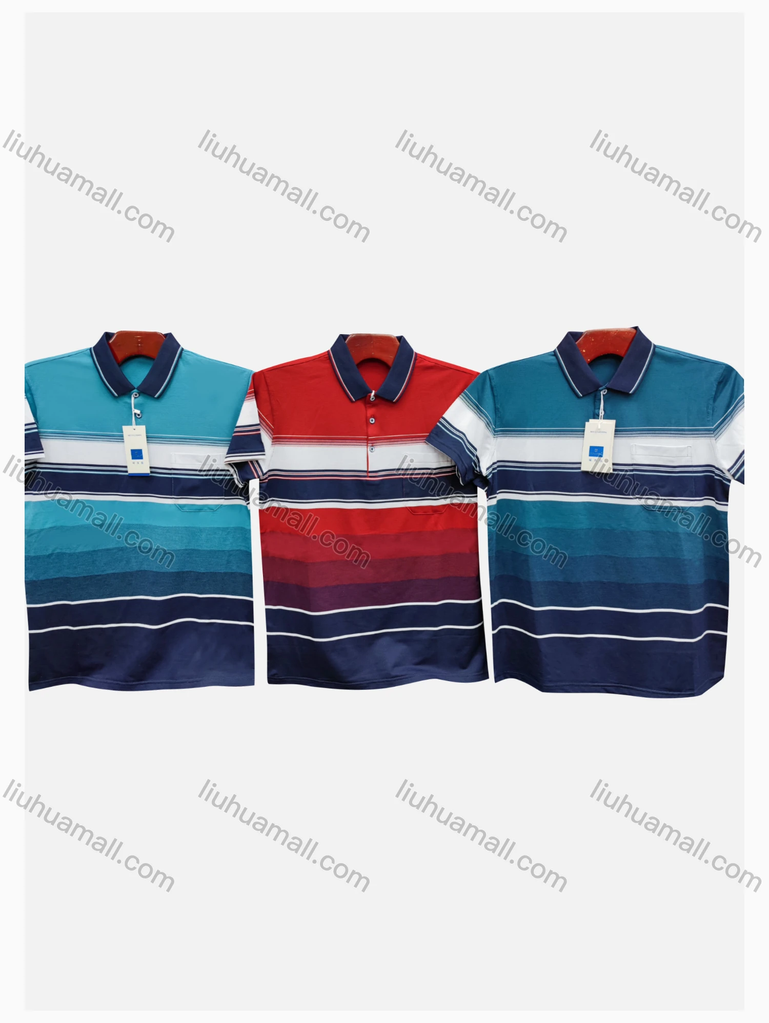 Wholesale Men's Casual Striped Short Sleeve Patch Pocket Polo Shirts - Liuhuamall