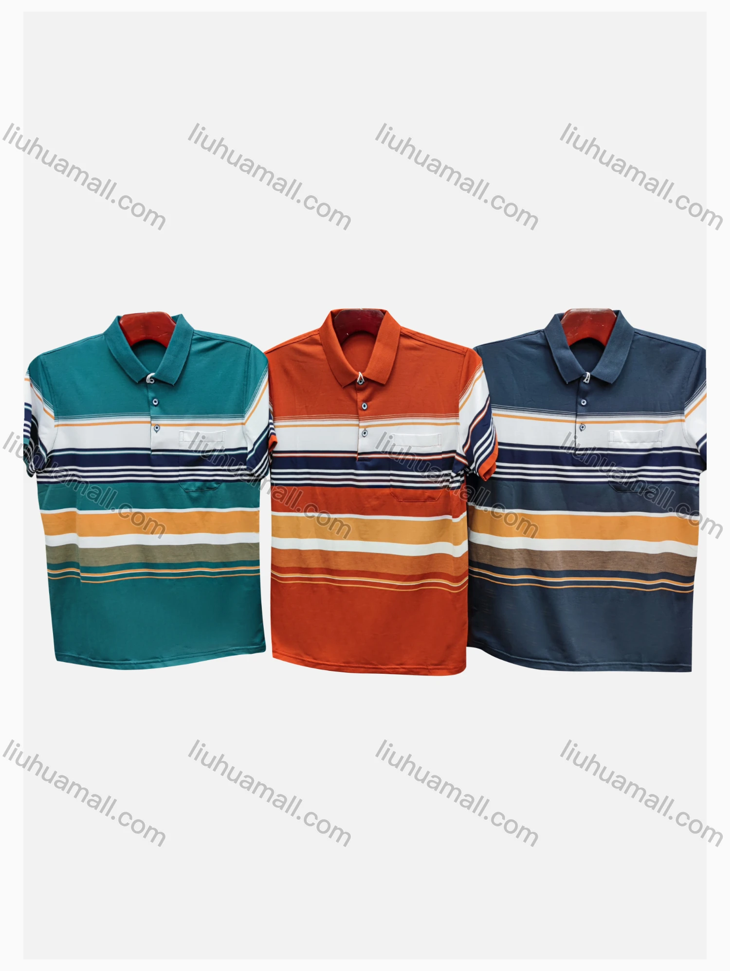 Wholesale Men's Casual Striped Short Sleeve Patch Pocket Polo Shirts - Liuhuamall