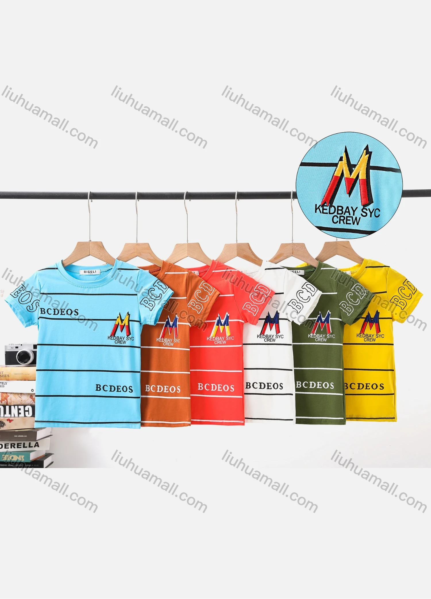 Wholesale Boy's Casual Striped & Letter Print Round Neck Short Sleeve Modal Cotton Tee - Liuhuamall