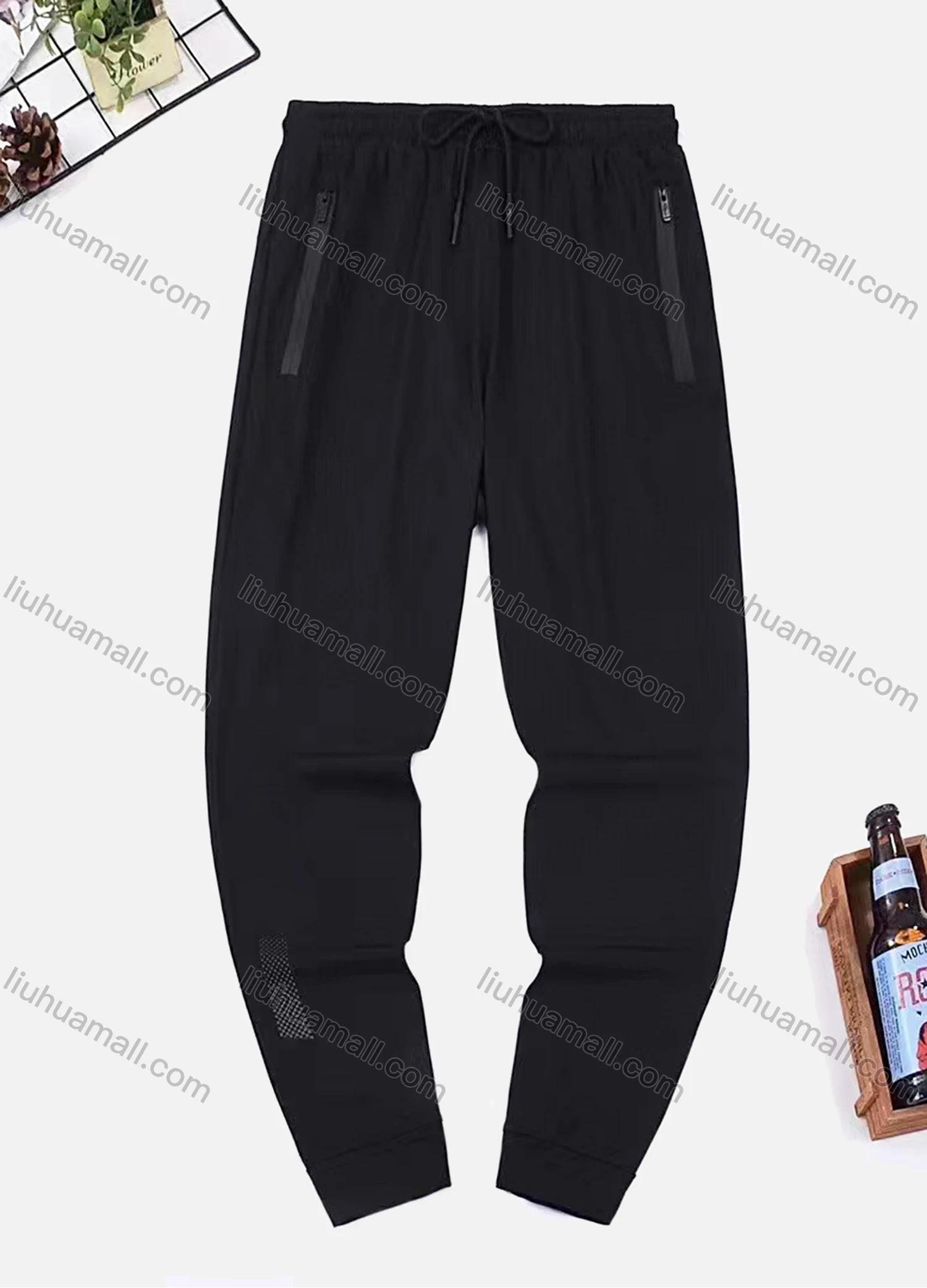 Wholesale Men's Athletic Plain Drawstring Zipper Pockets Quick Dry Breathable Pants - Liuhuamall