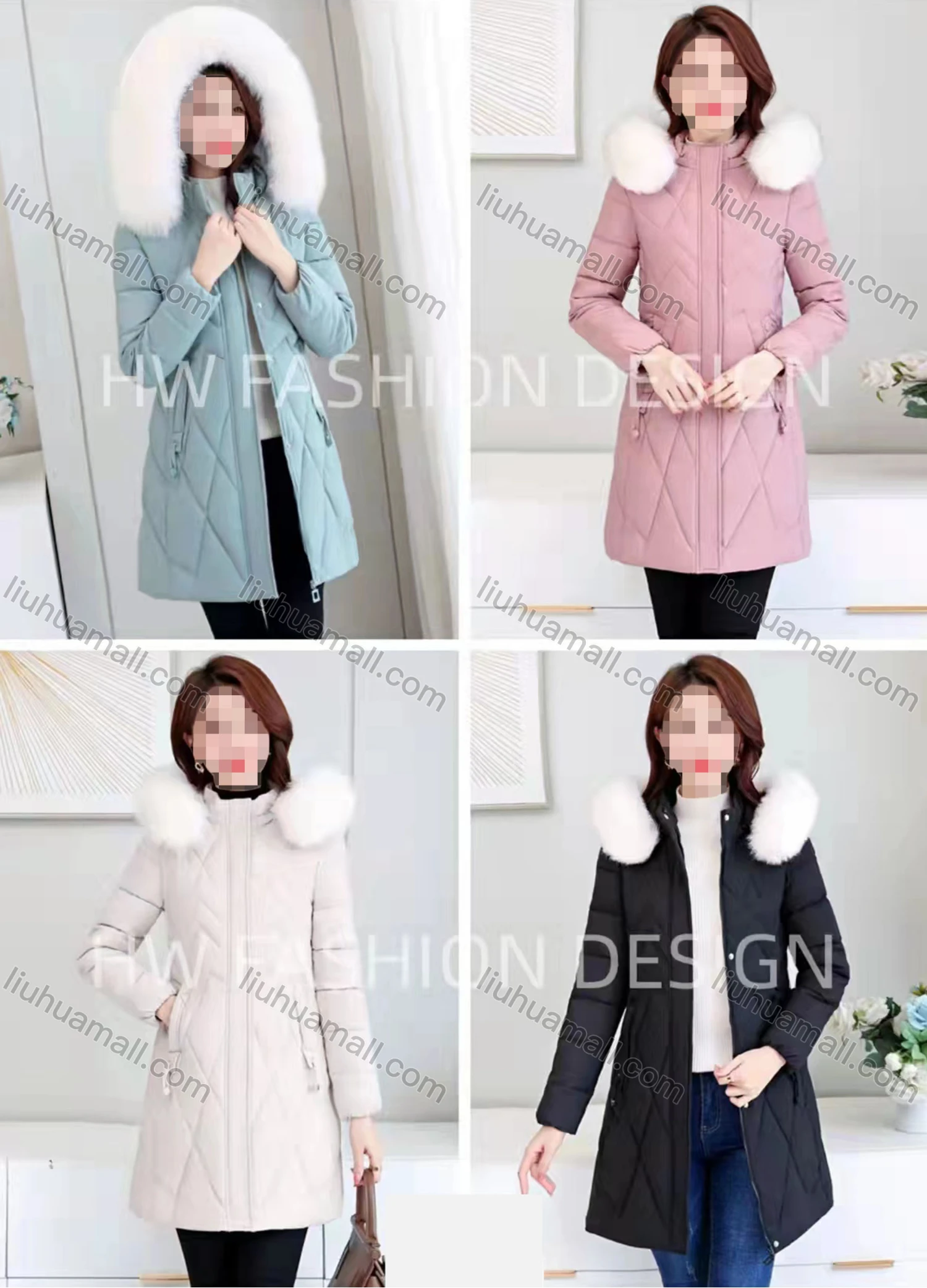 Wholesale Women's Casual Faux Fur Hood Long Sleeve Fleece Lined Zipper Plain Winter Quilted Coat - Liuhuamall