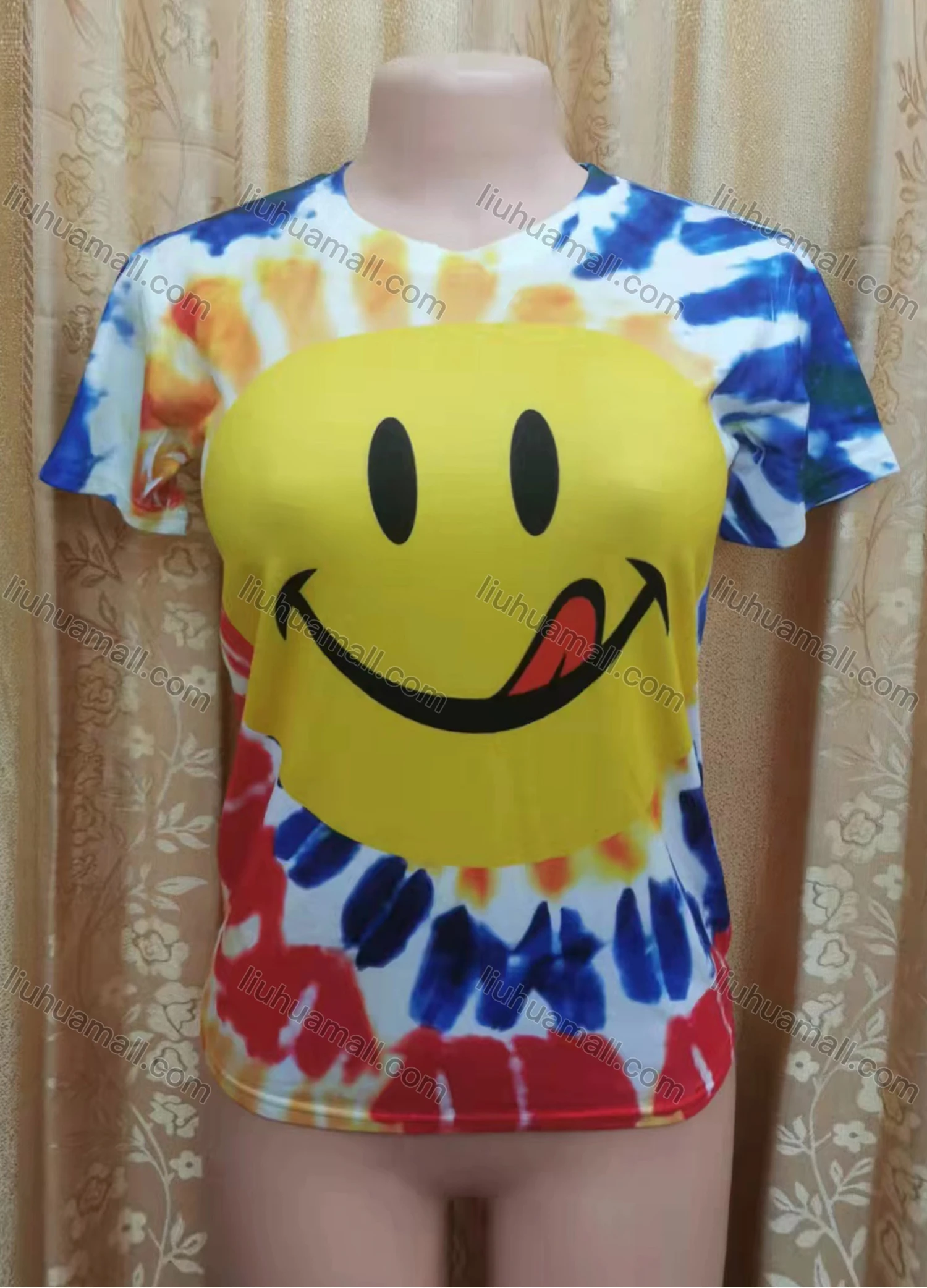 Wholesale Women's Casual Smile Face Graphic Tie Dye Round Neck Short Sleeve Tee - Liuhuamall