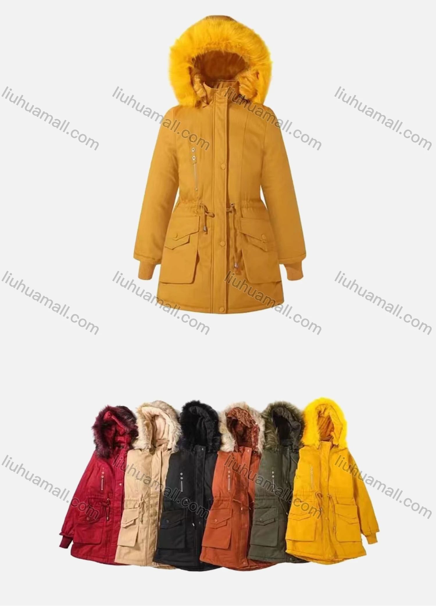 Wholesale Women's Casual Faux Fur Hood Fleece Lined Zipper Plain Winter Coat - Liuhuamall
