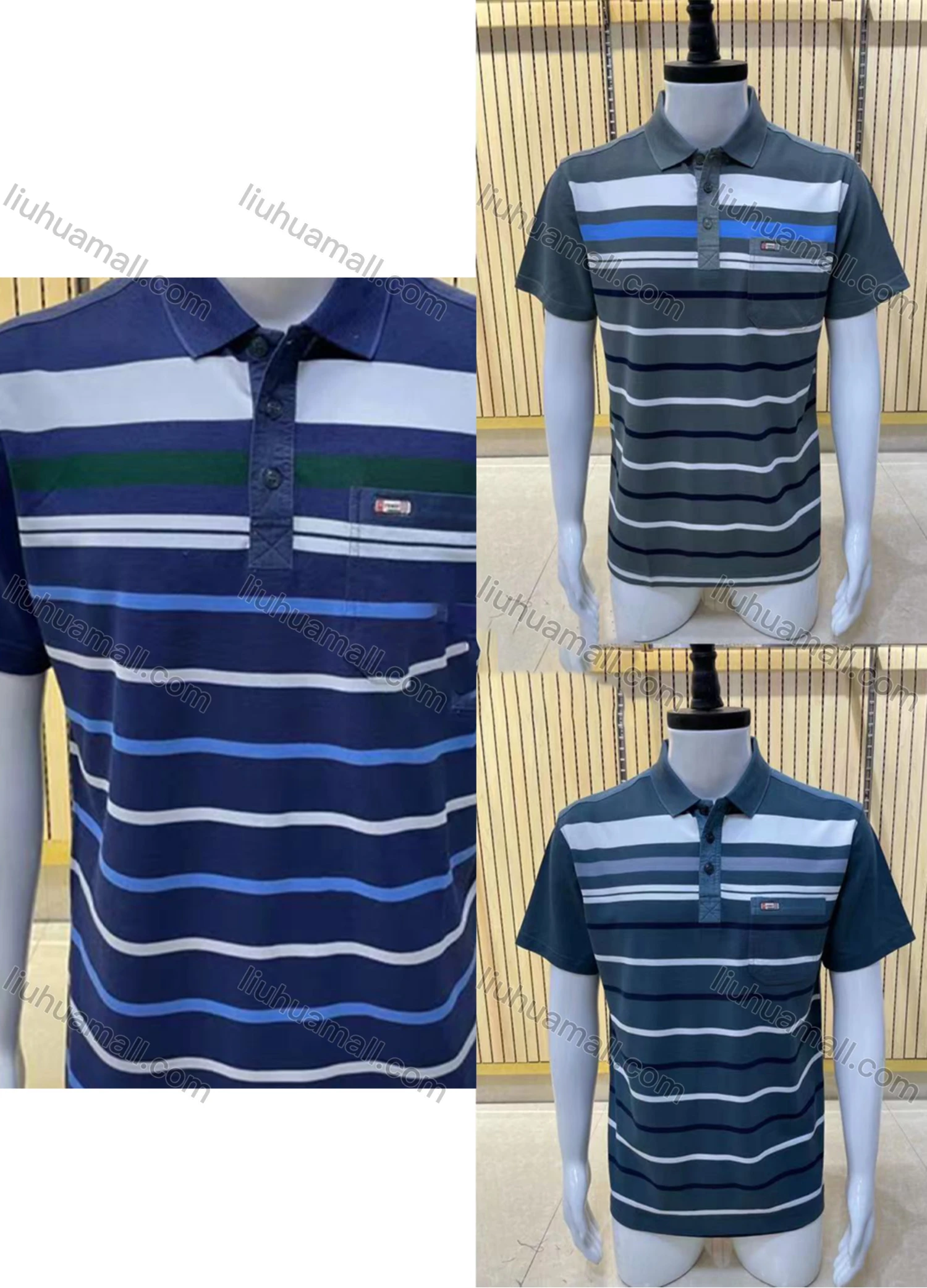 Wholesale Men's Casual Short Sleeve Button Front Striped Polo Shirts - Liuhuamall