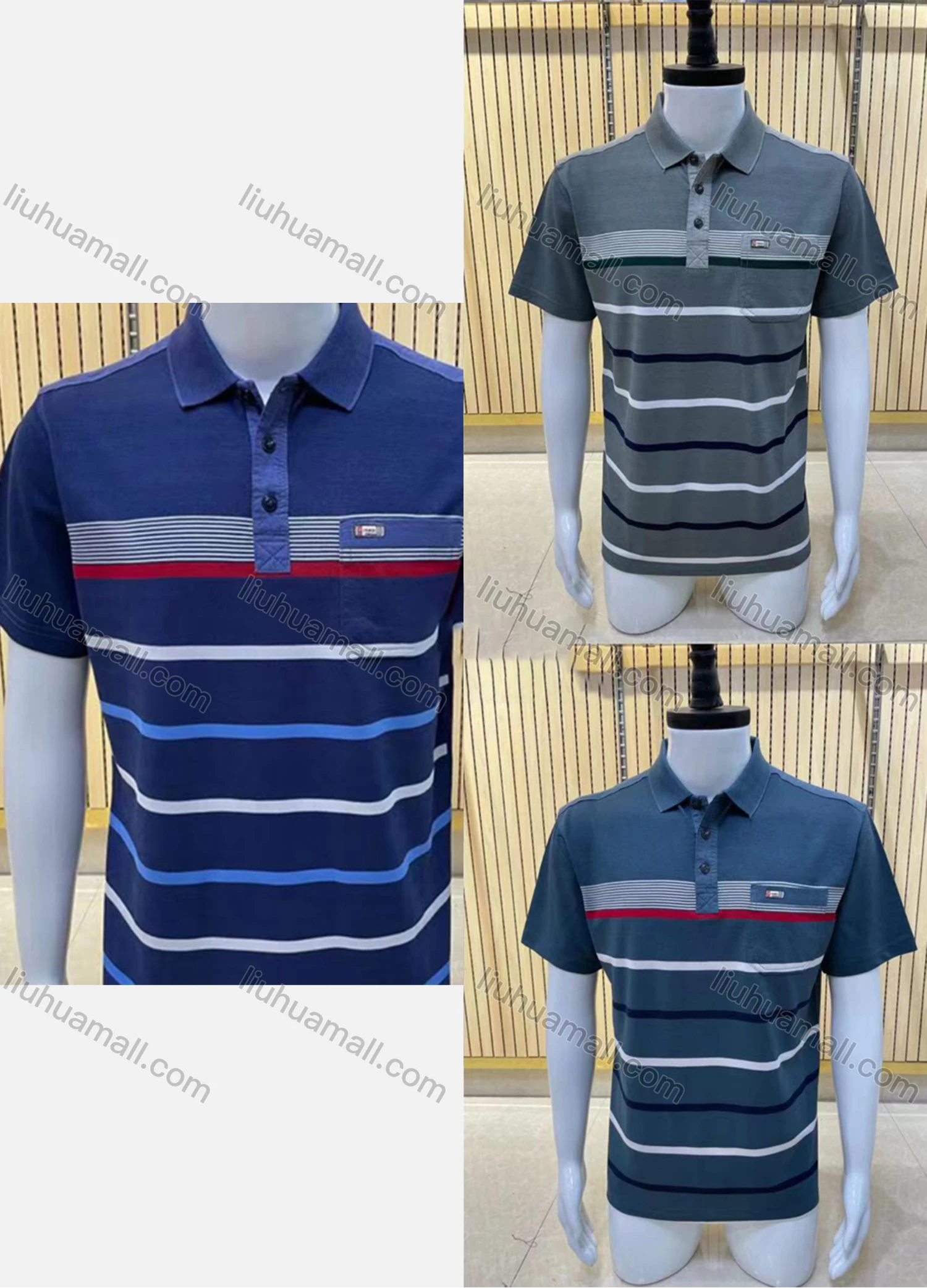 Wholesale Men's Casual Short Sleeve Button Front Striped Polo Shirts - Liuhuamall
