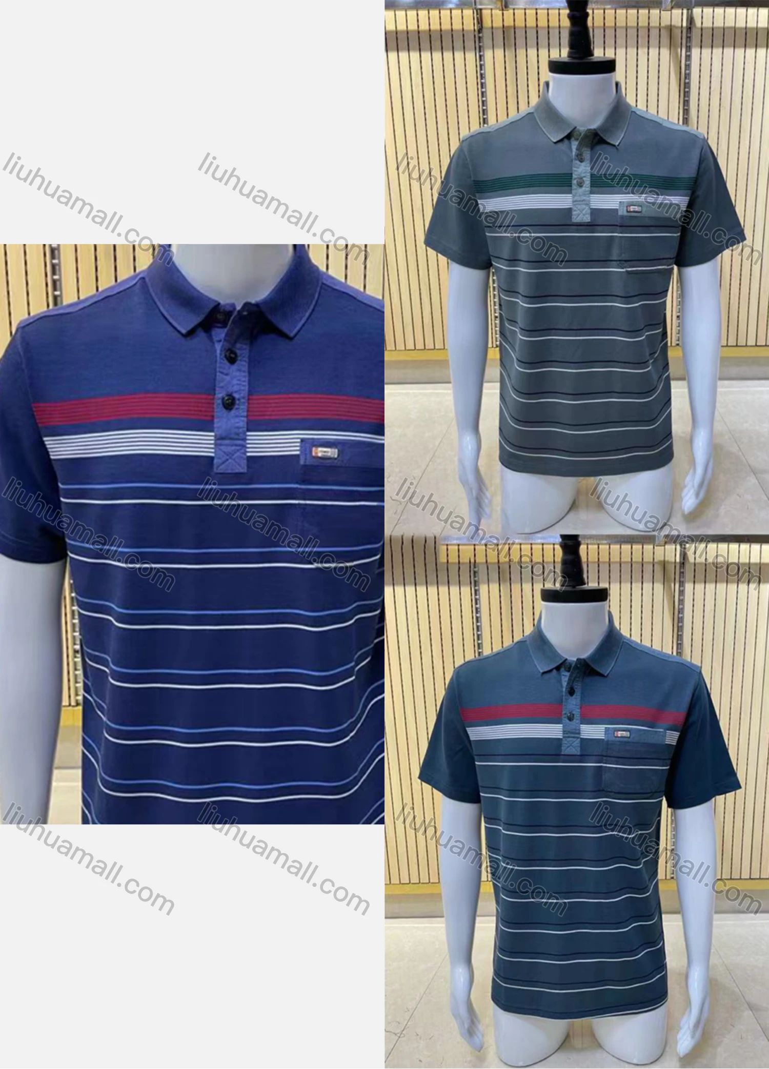 Wholesale Men's Casual Short Sleeve Button Front Striped Polo Shirts - Liuhuamall