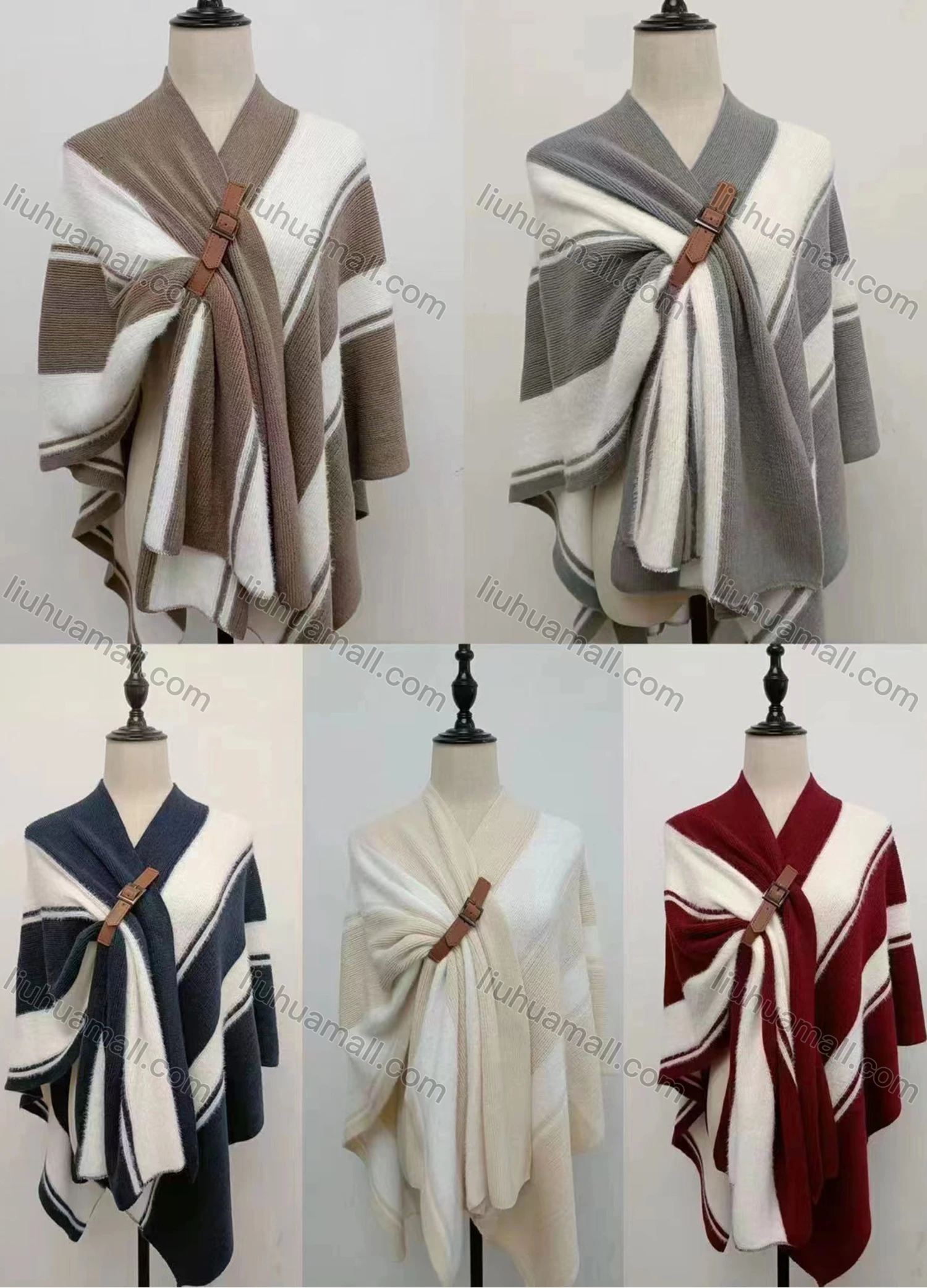 Wholesale Women's Casual Striped Pullover Belted Mid Length Cape - Liuhuamall